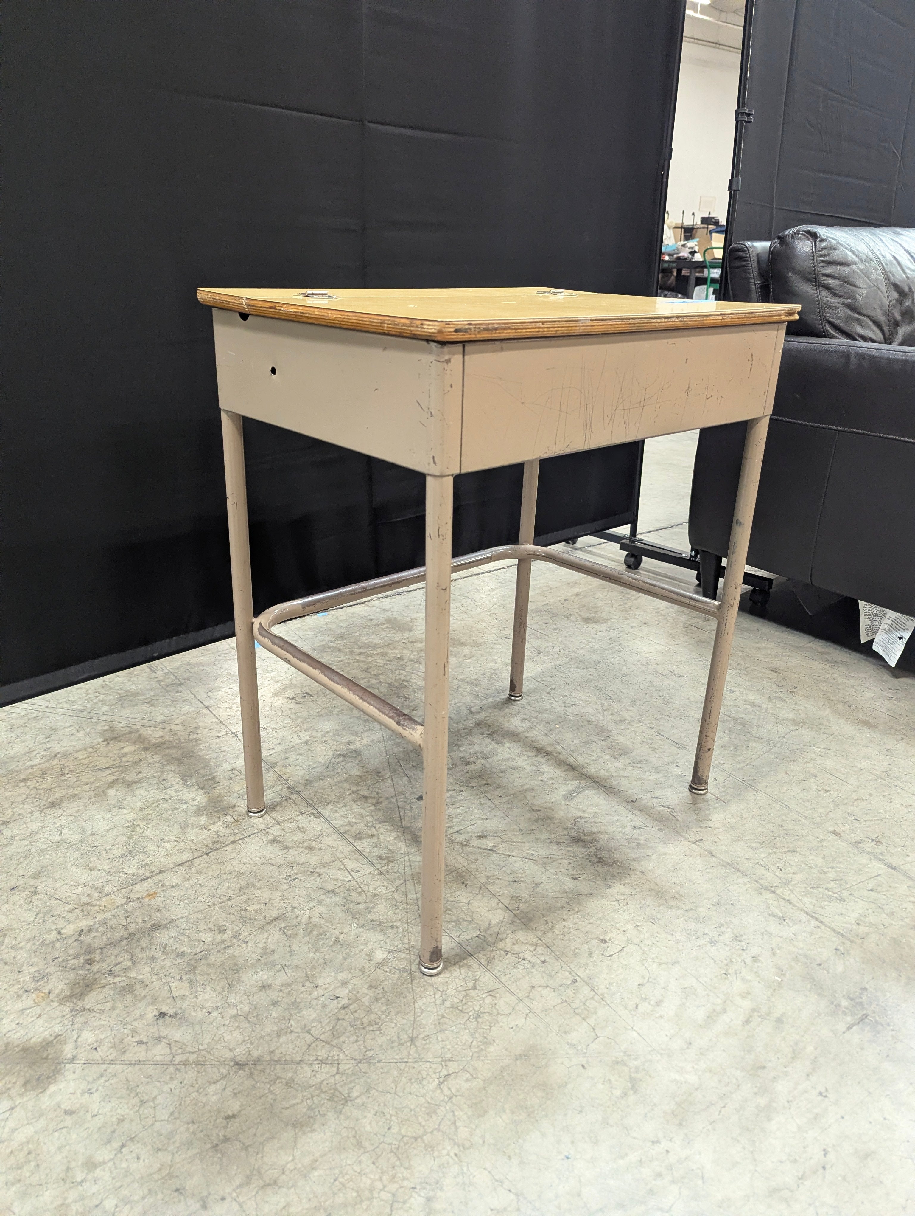 Vintage Light Wood Lift-Top School Desk with Metal Frame