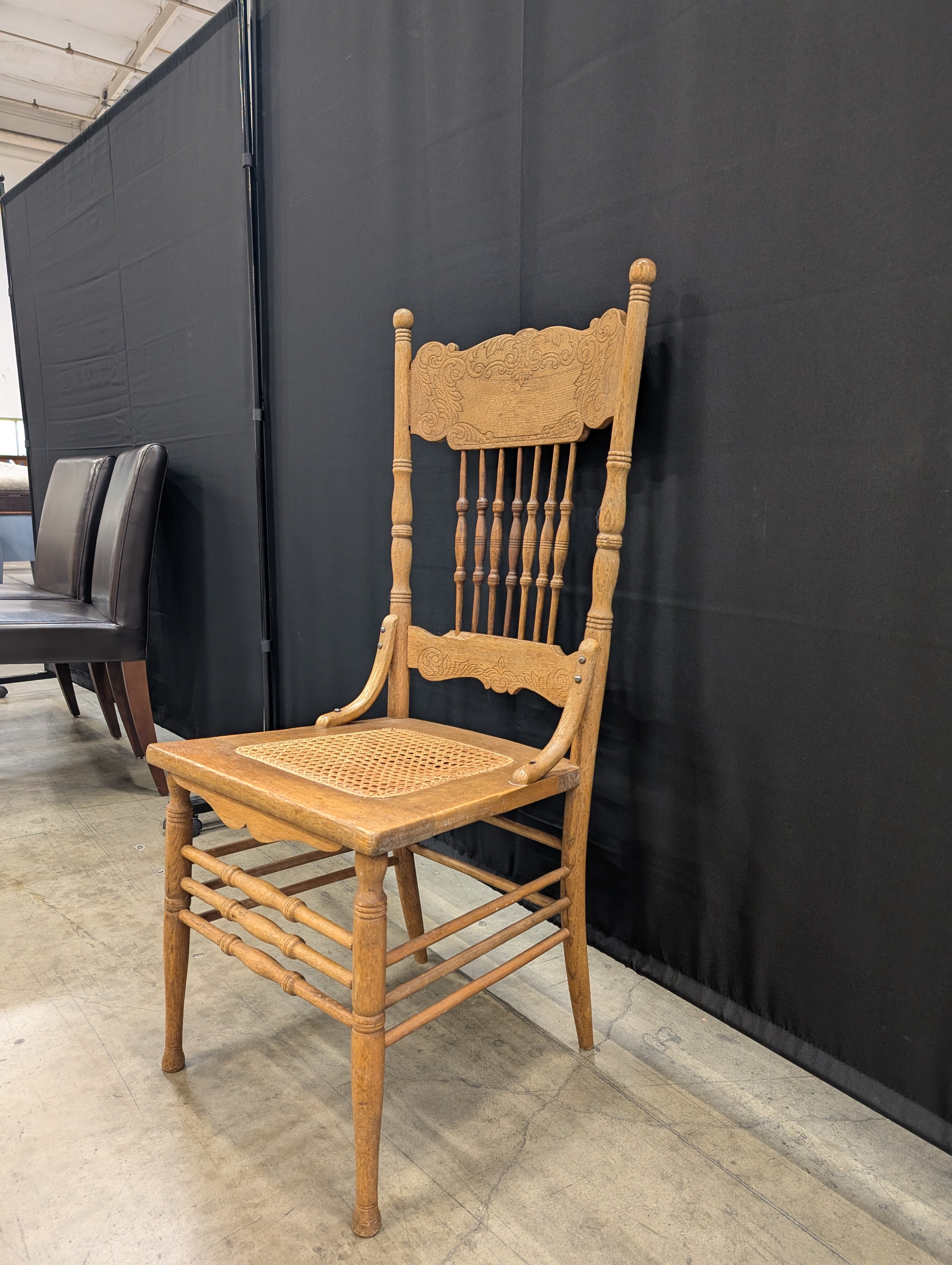 Vintage Carved Wood Spindle Back Cane Seat Chair