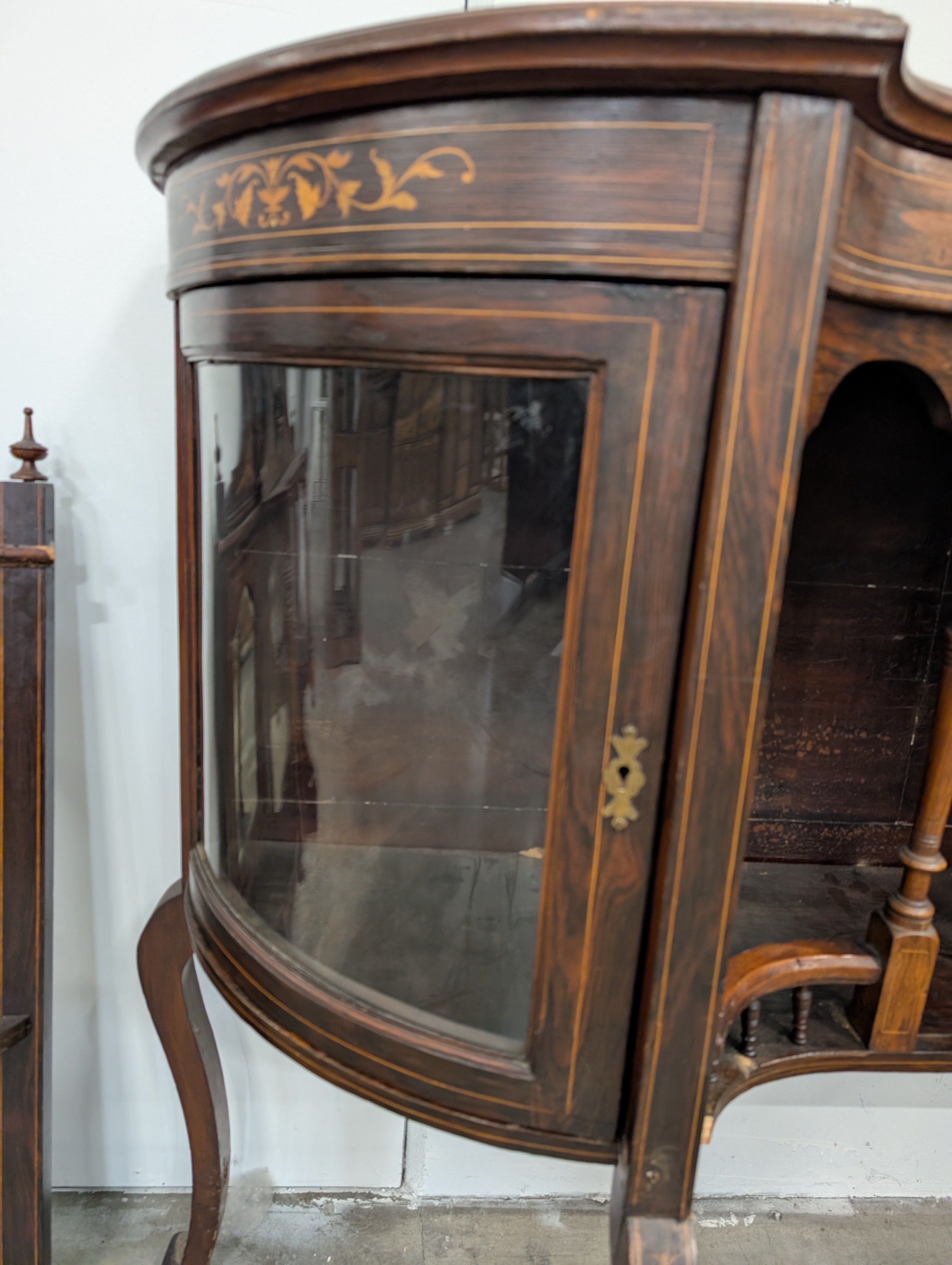 Very poor condition*** Antique Curved Wood Buffet with Intricate Inlay