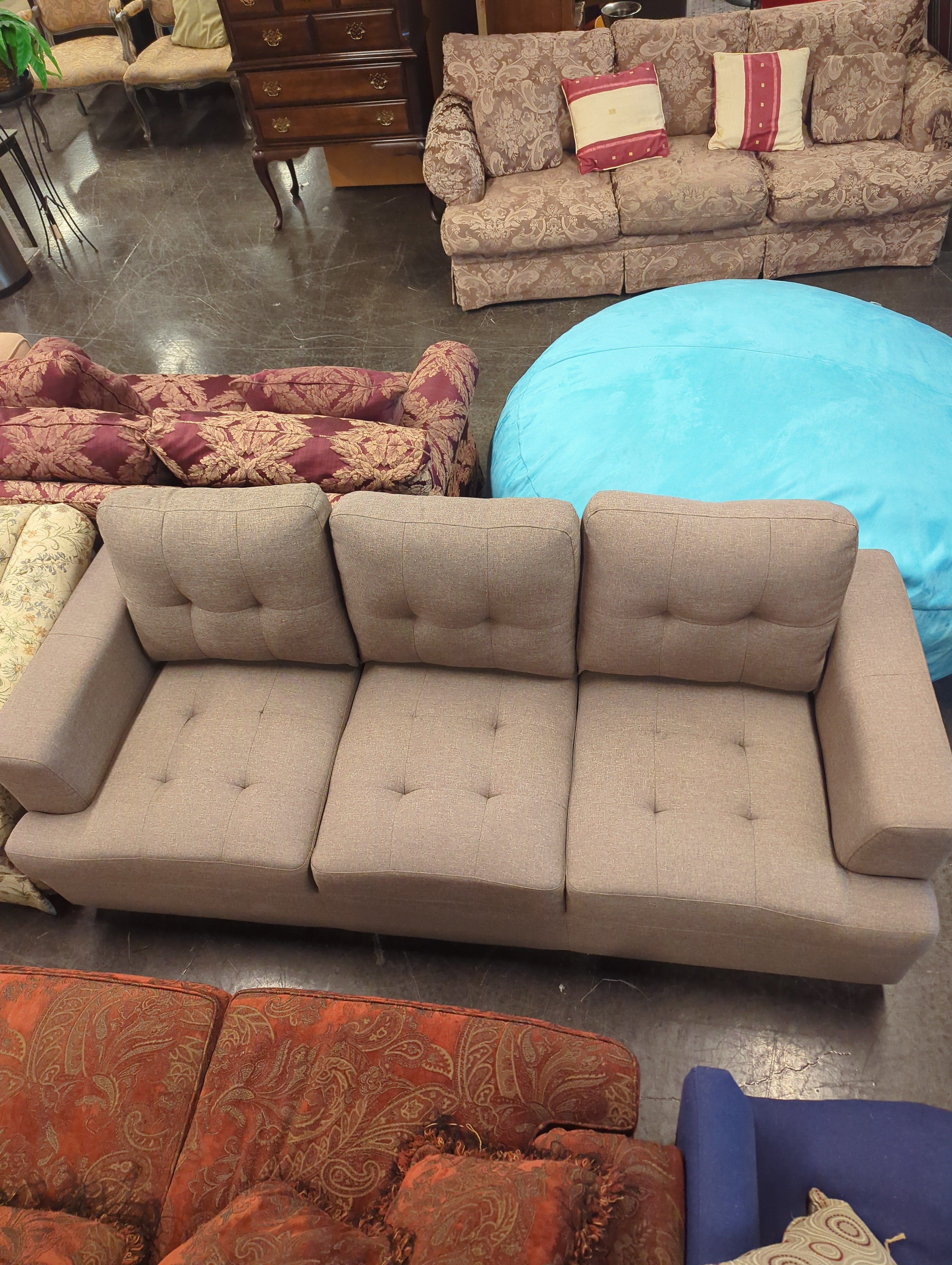 Mid-Century Modern Tufted Sofa in Gray Fabric