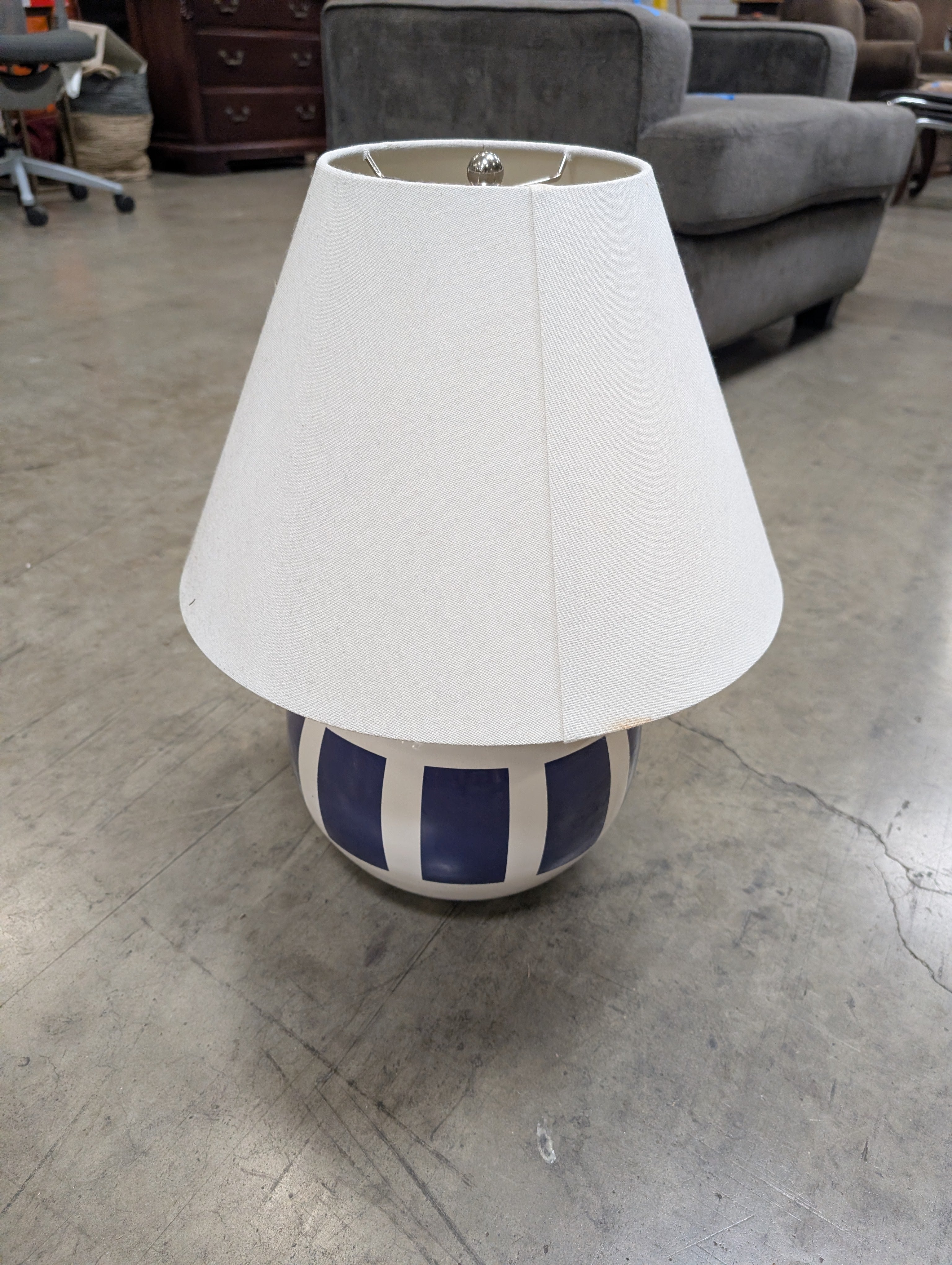 Navy and White Patterned Globe Table Lamp with Fabric Shade