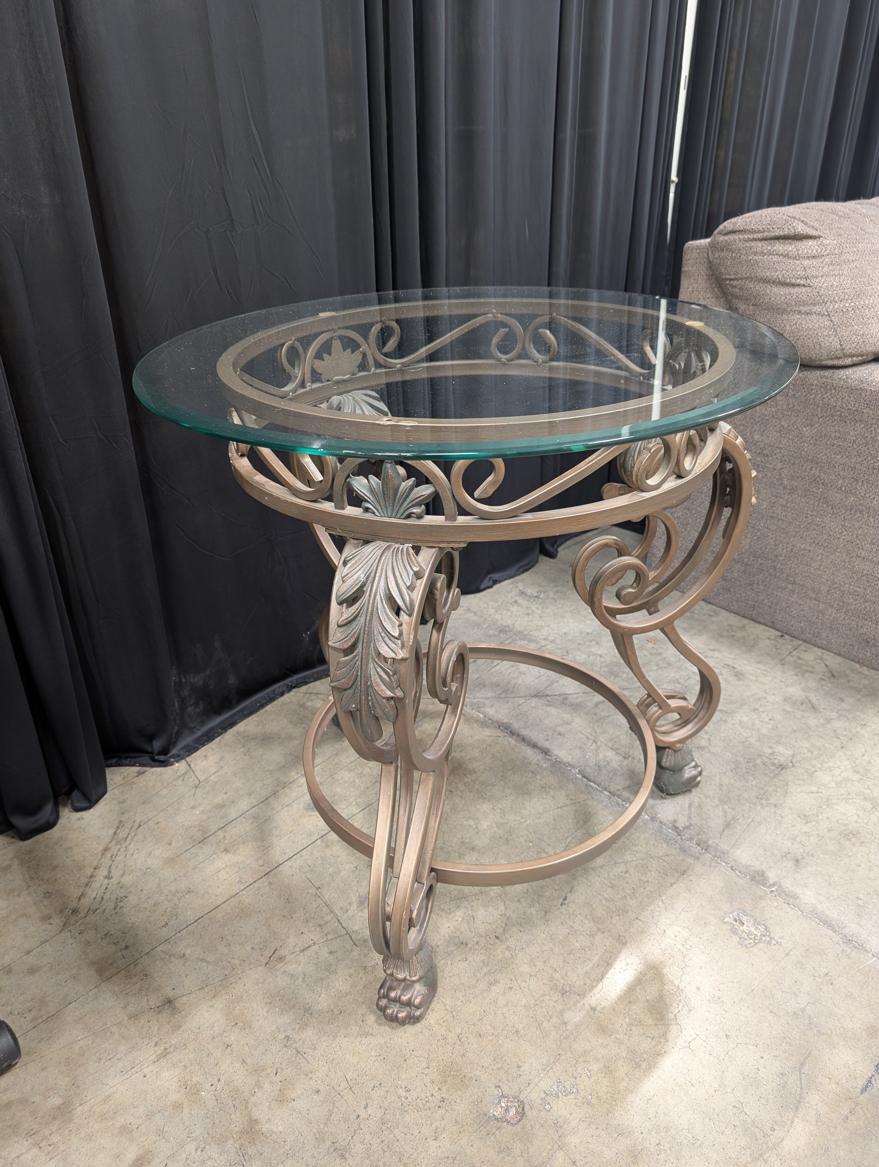 Ornate Bronze Finish Round End Table with Glass Top