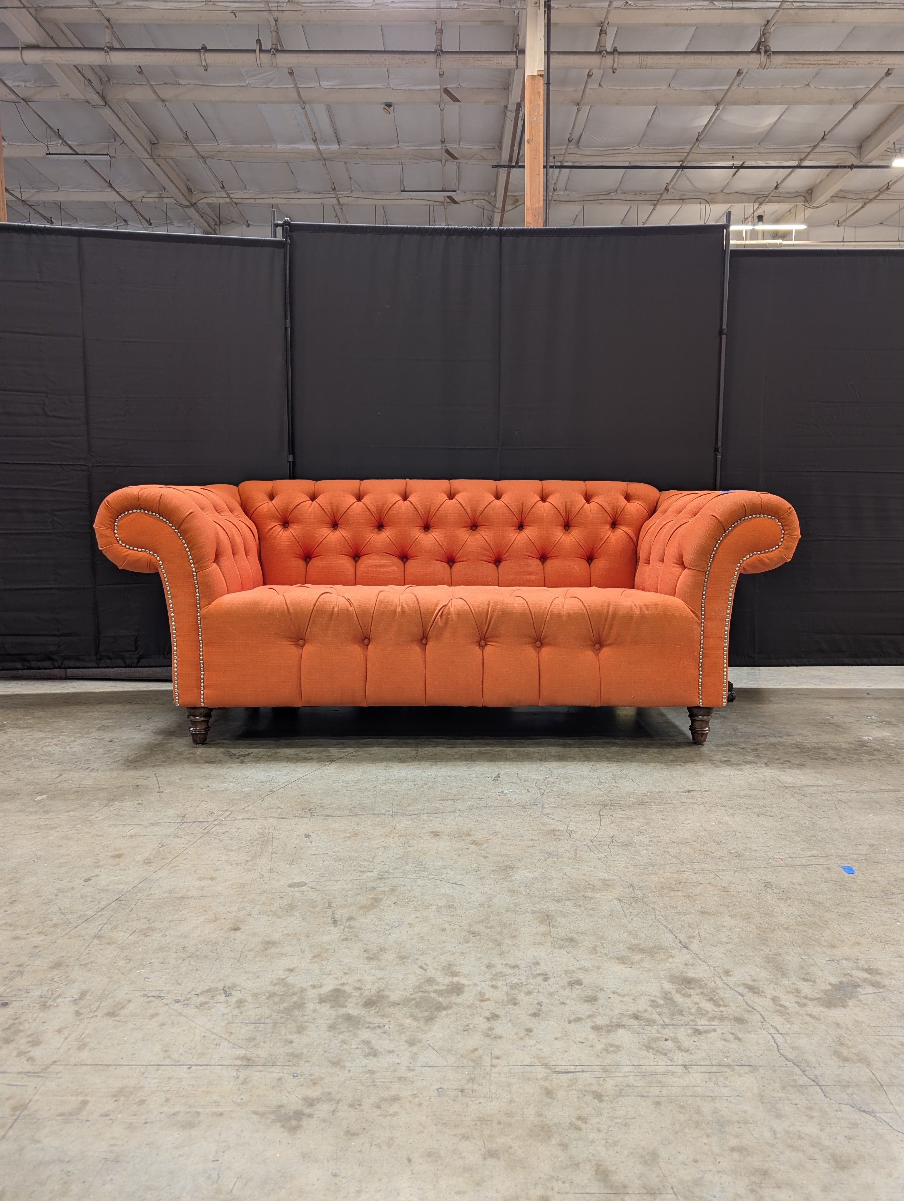 Vibrant Orange Button-Tufted Chesterfield Style Settee