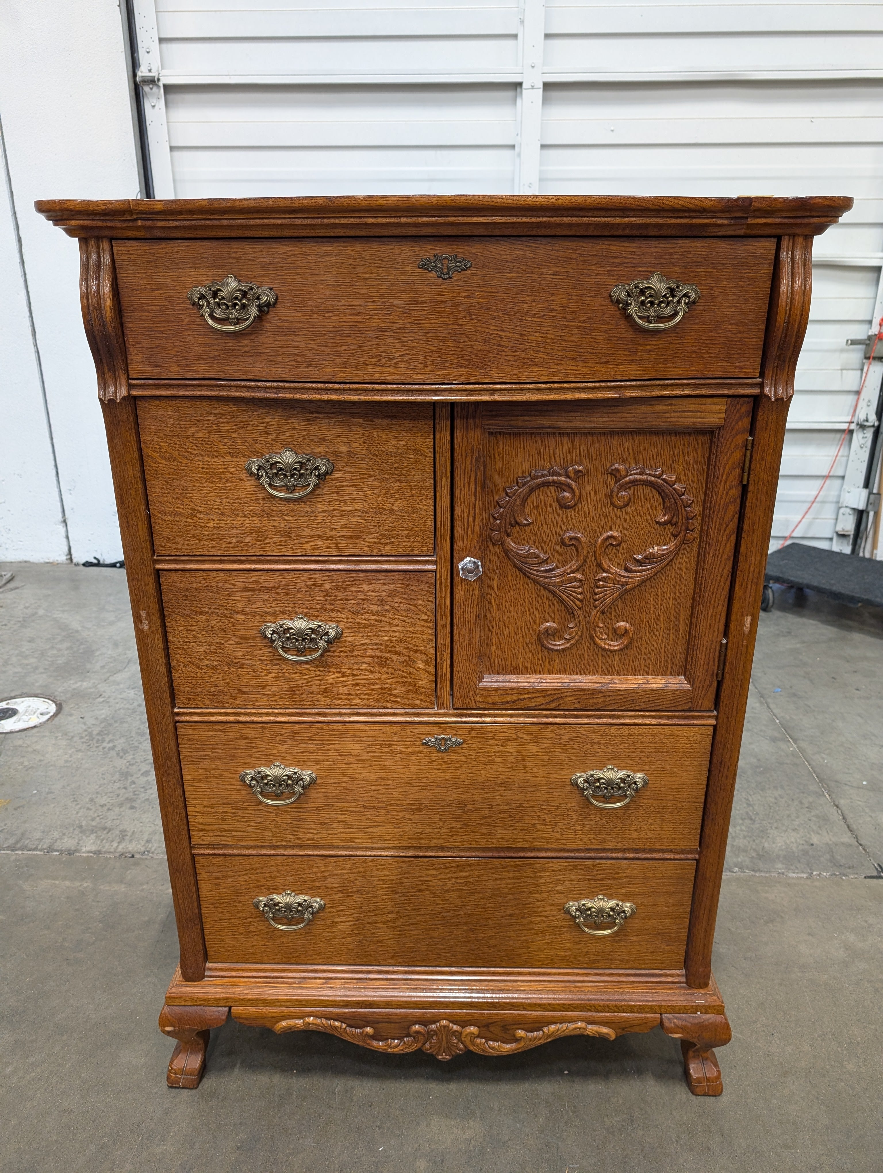 Vintage Oak Chiffonier with Carved Cabinet and Brass Hardware