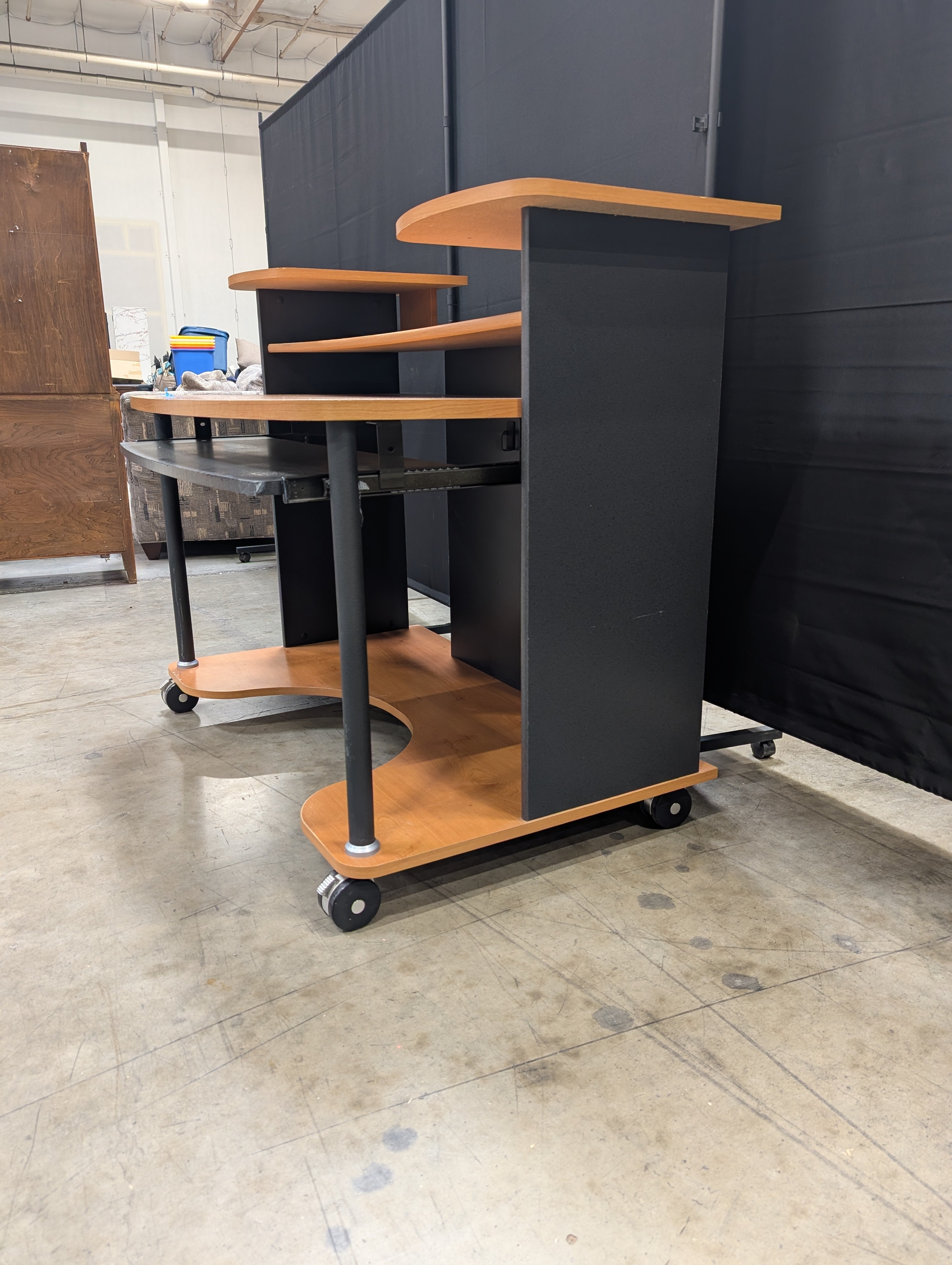Compact Rolling Computer Workstation Desk with Tiered Shelves