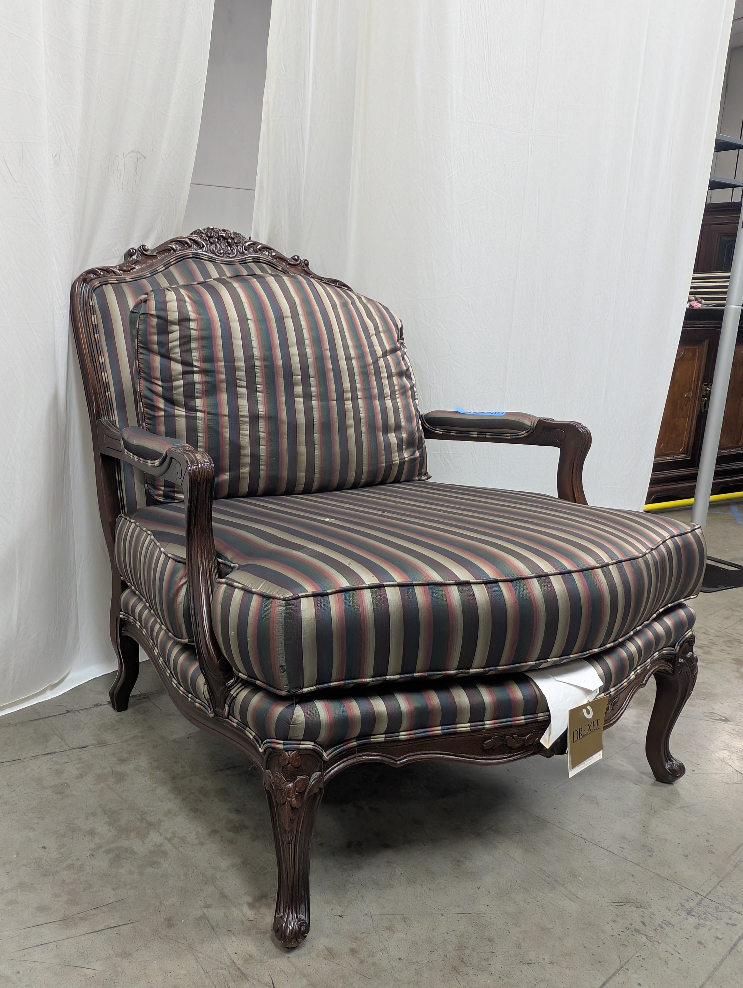 Carved Wood Drexel Accent Armchair with Striped Upholstery