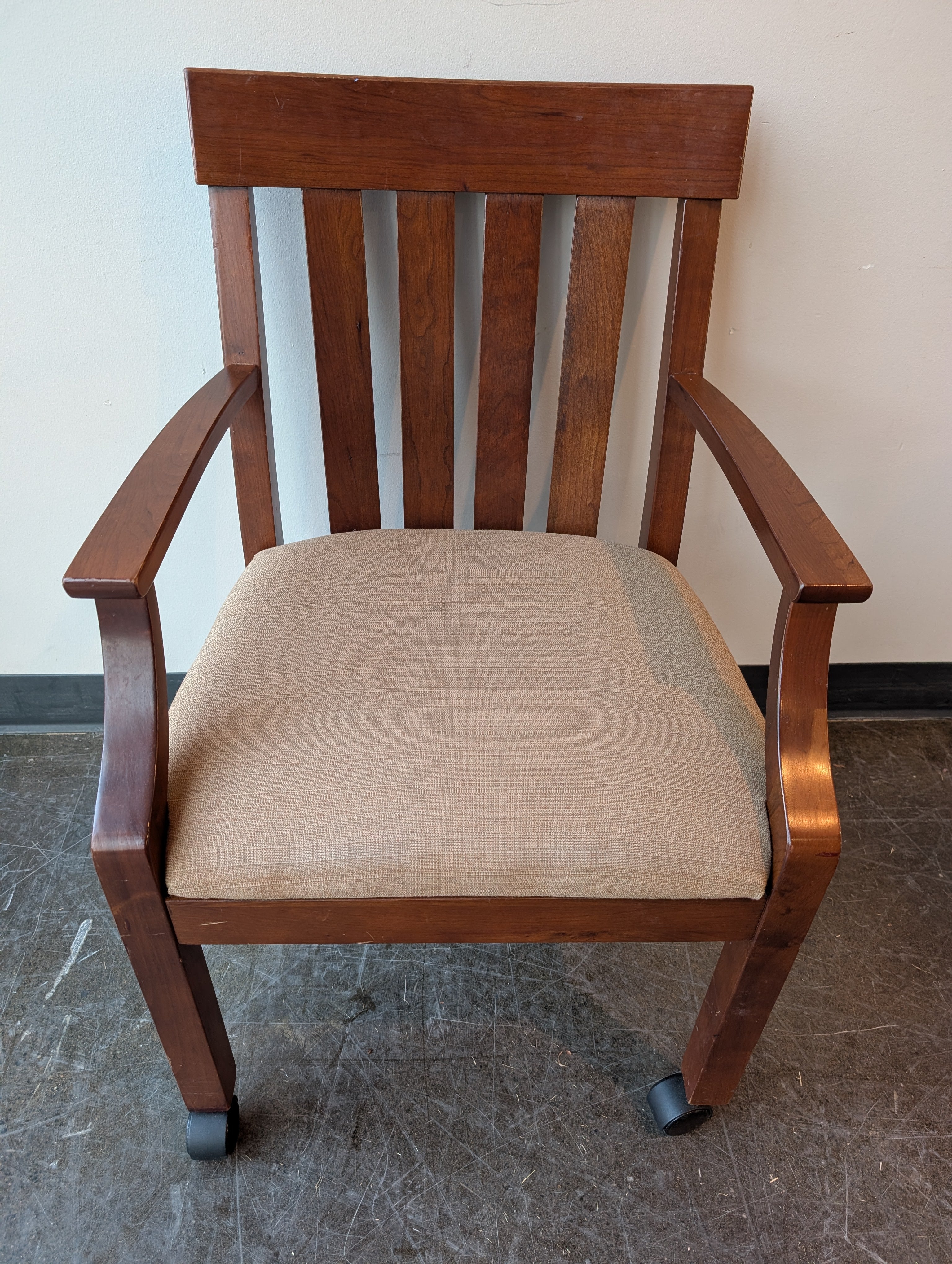 Brown Wood Armchair with Slatted Back and Upholstered Seat