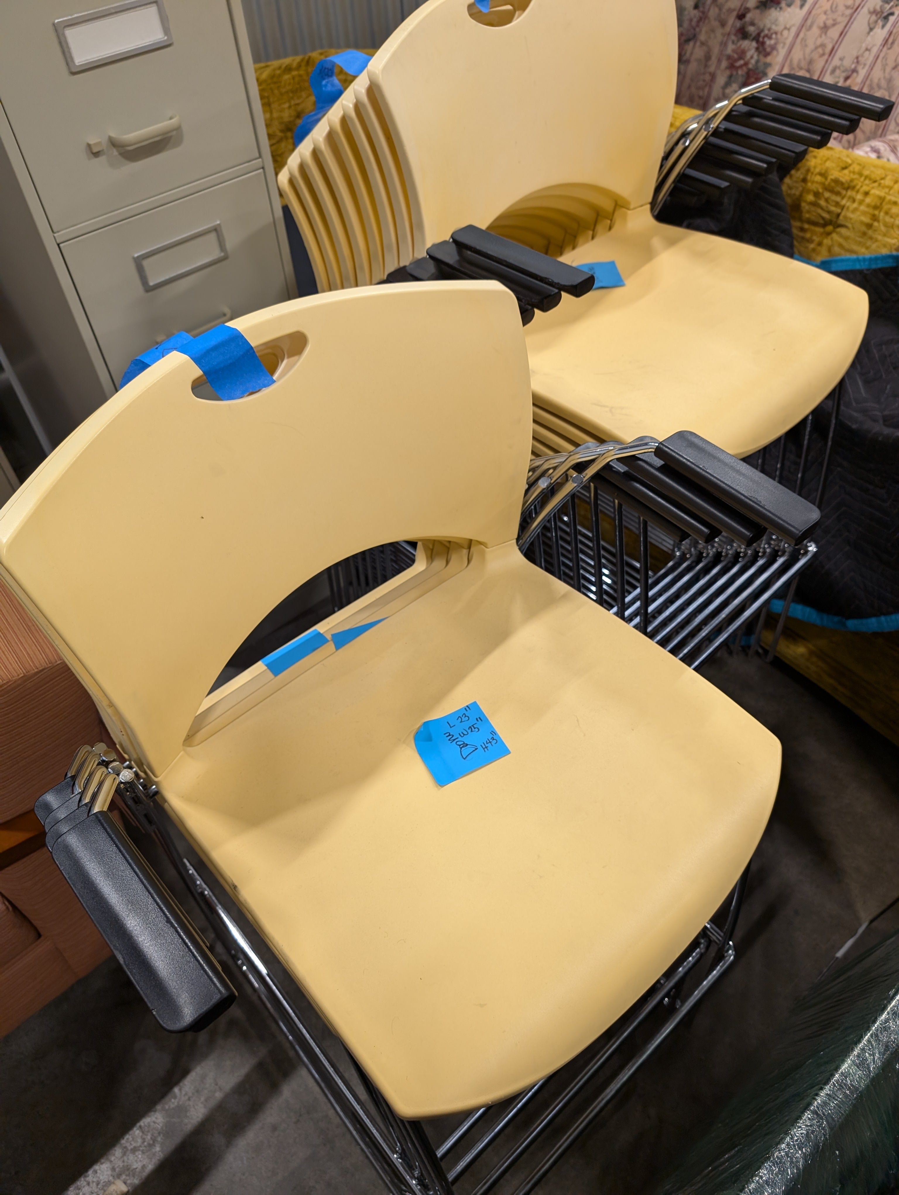 Warehouse sale --- Set of 12 Stackable Yellow Plastic Chairs with Chrome Frames and Armrests
