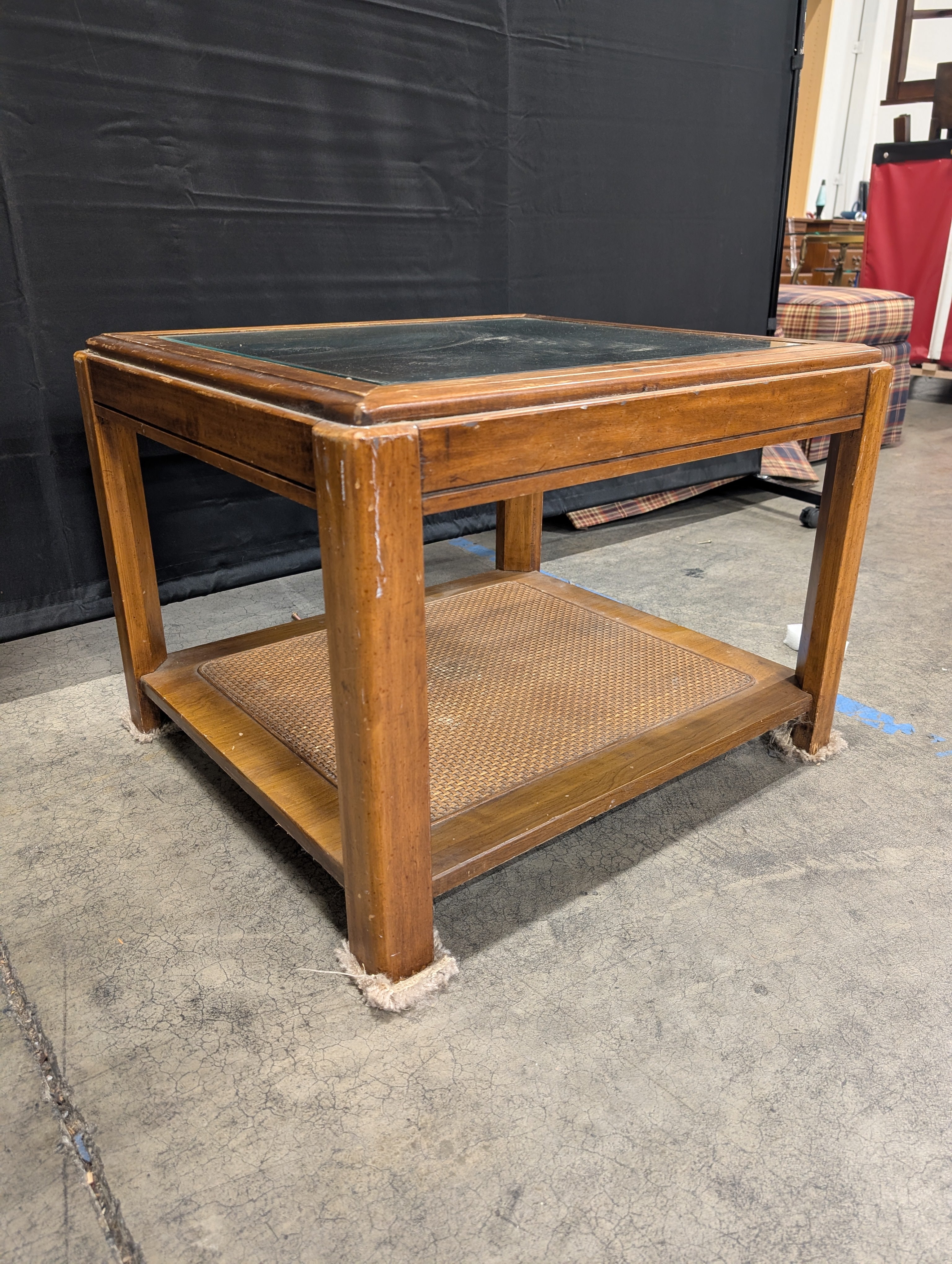 Brown Wood and Glass End Table with Wicker Shelf