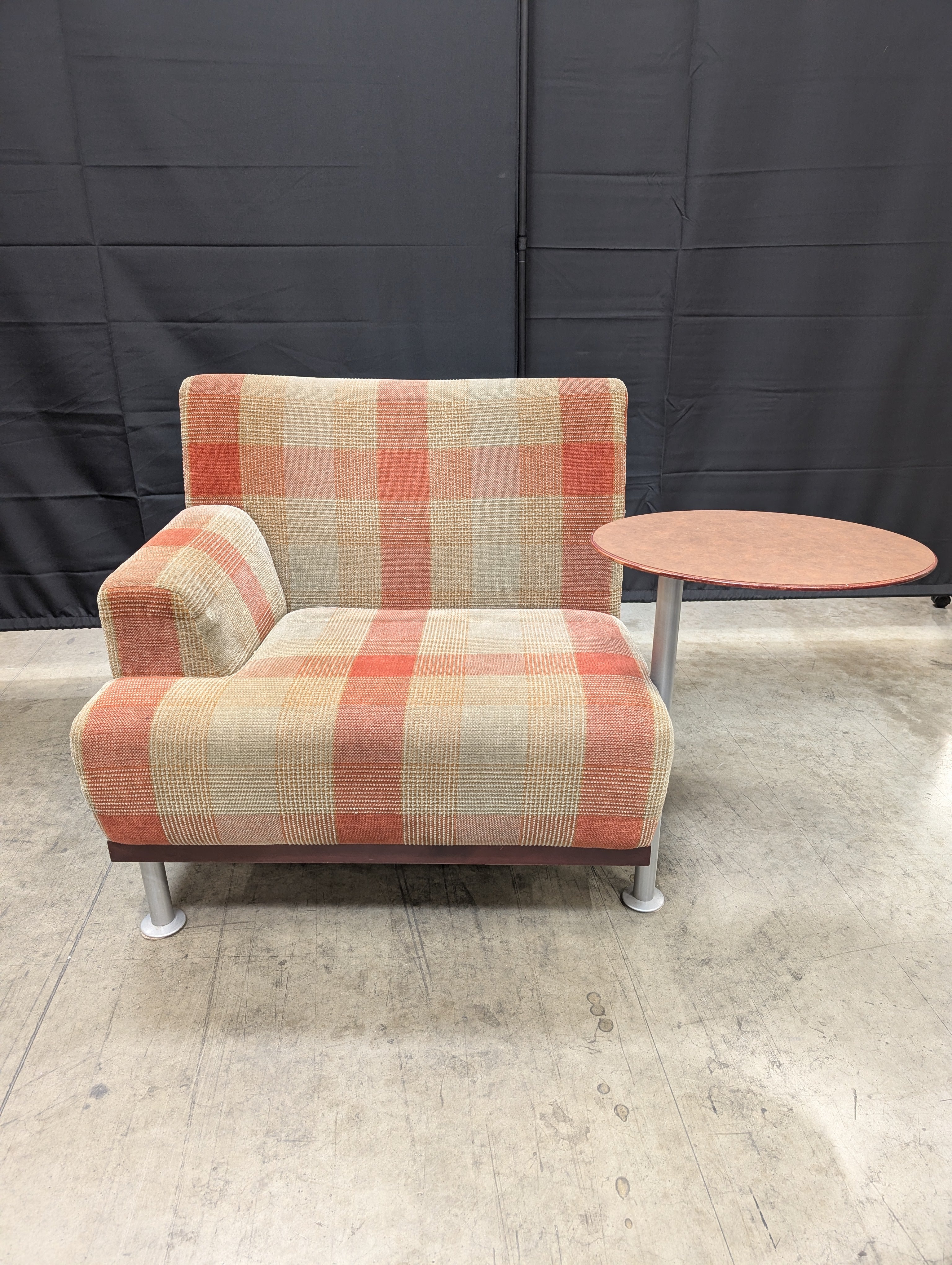 Retro Plaid Upholstered Lounge Chairs with Integrated Side Tables