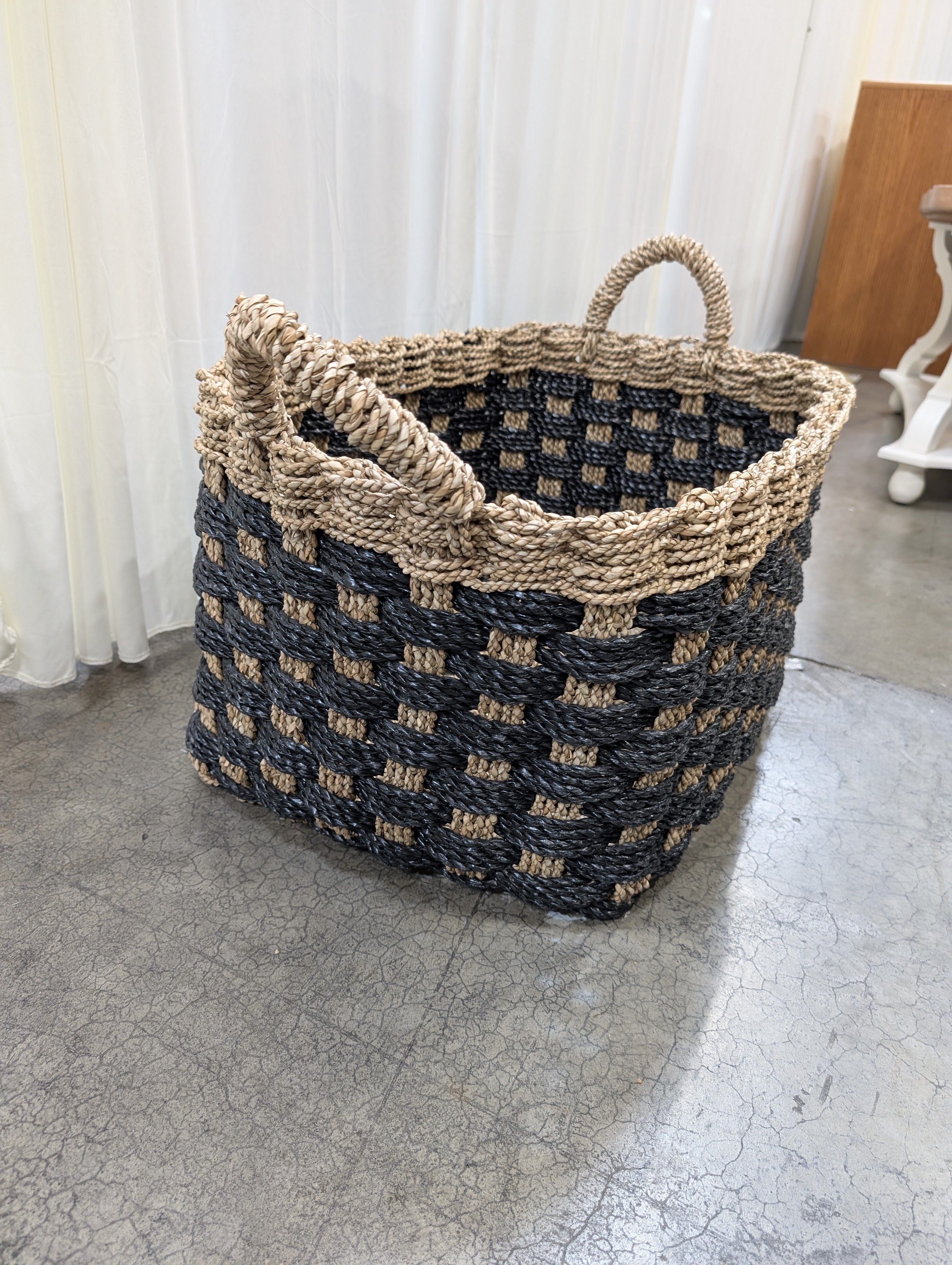 Two-Tone Woven Rectangular Basket with Handles
