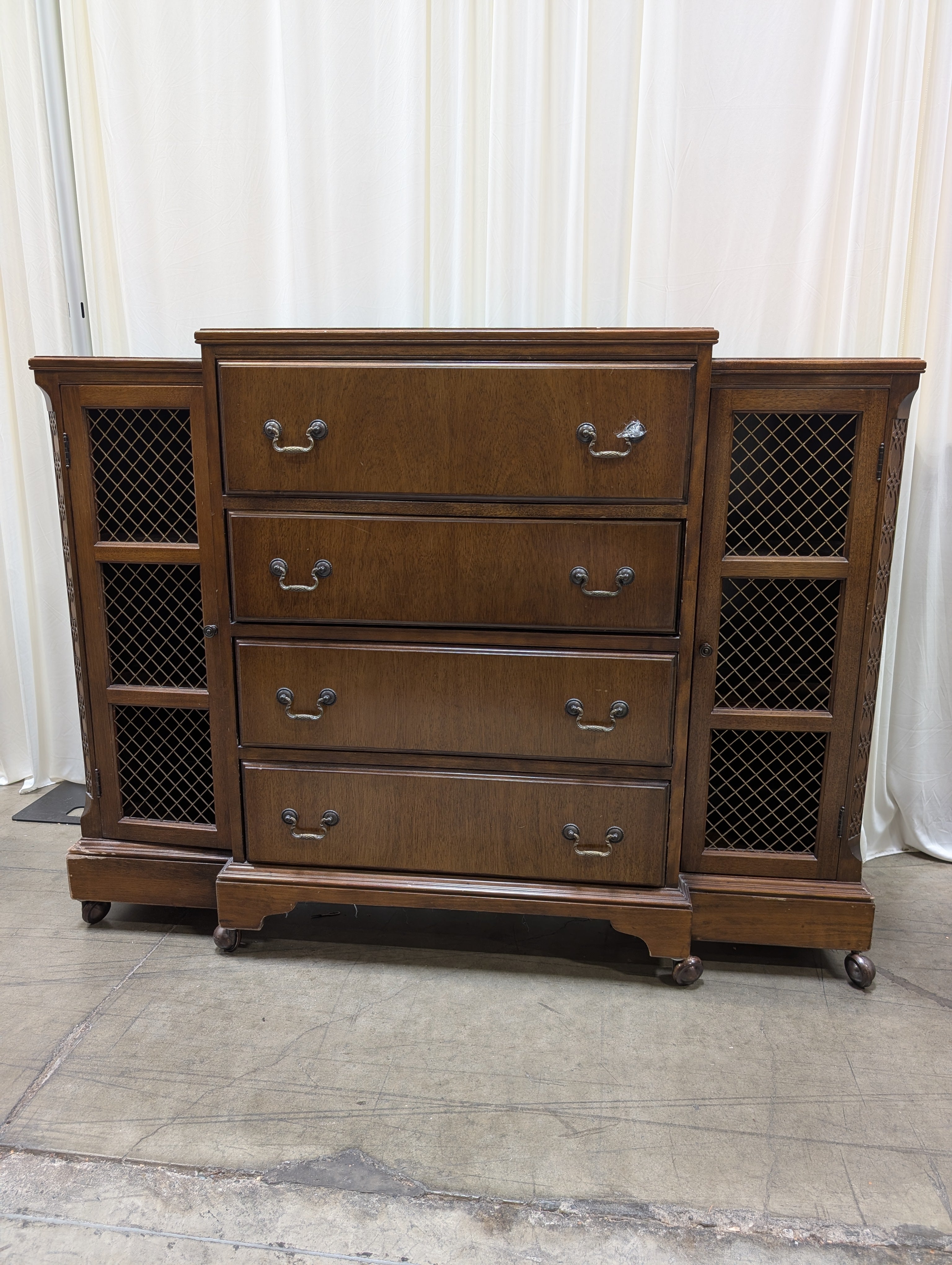 Vintage Stepped Top Wood Secretary Desk with Mesh Doors