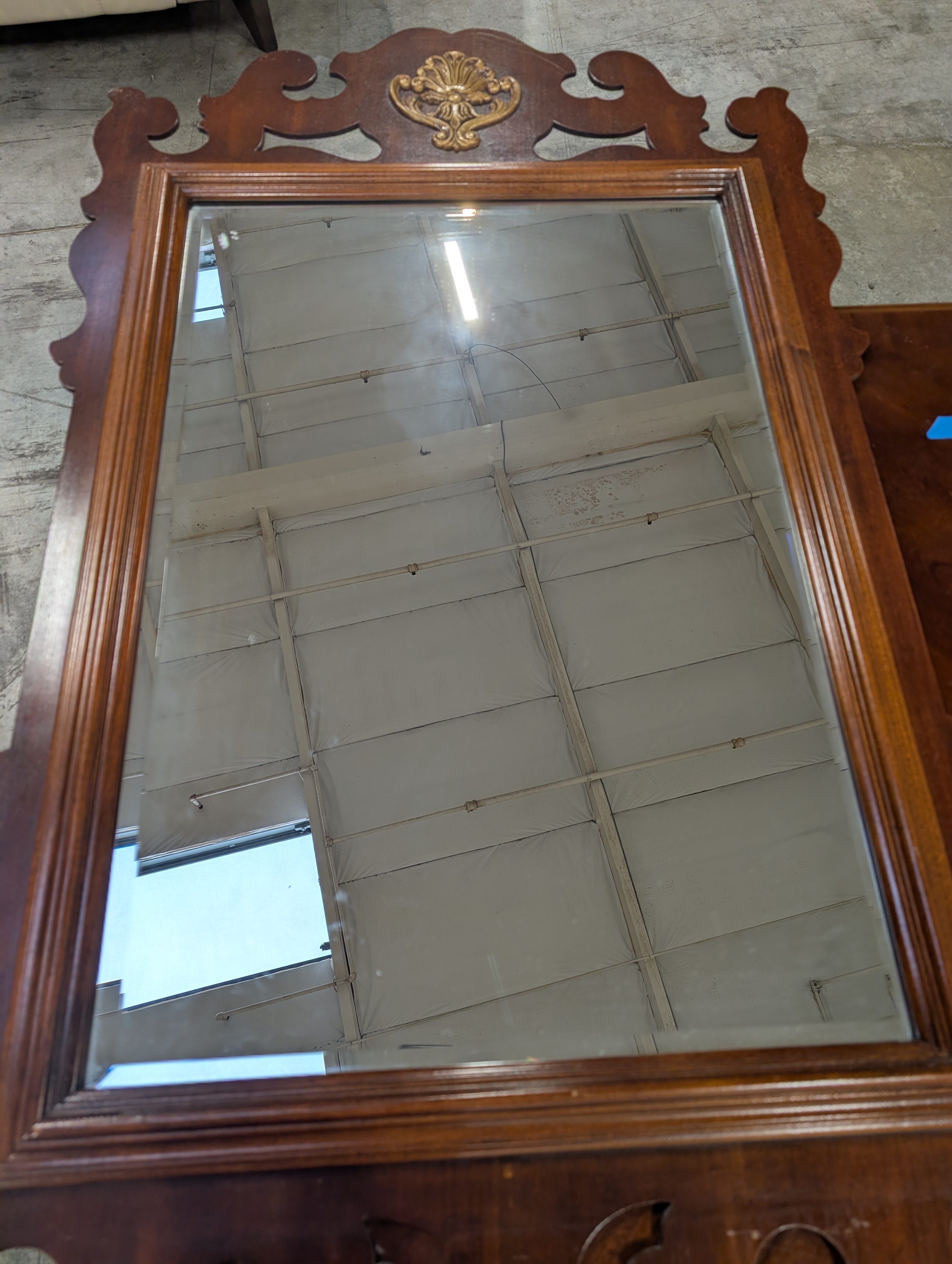 Ornate Scrolled Dark Wood Wall Mirror with Gilded Shell Accent