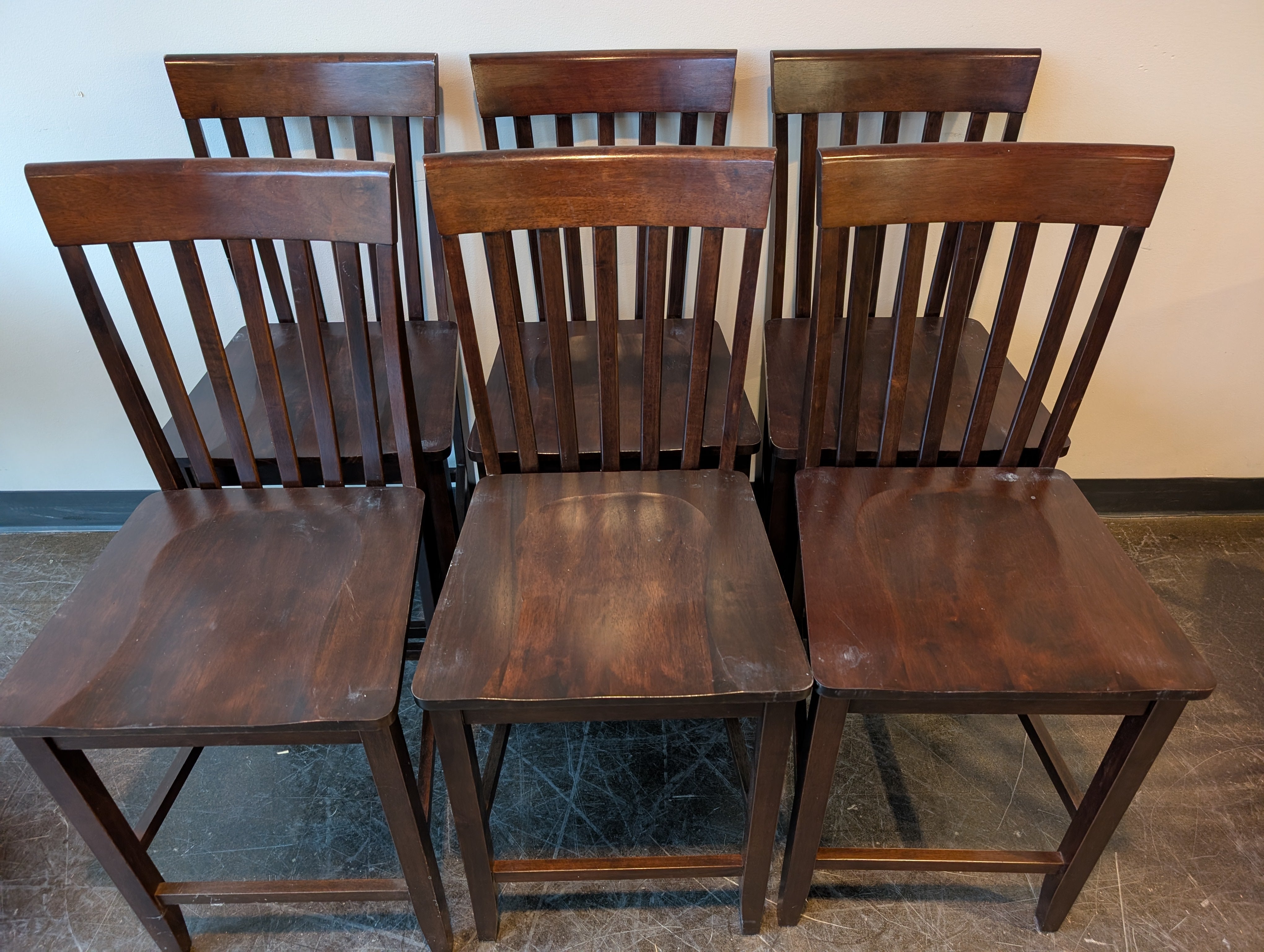 Set of Six Rich Brown Wood Slat Back Dining Chairs