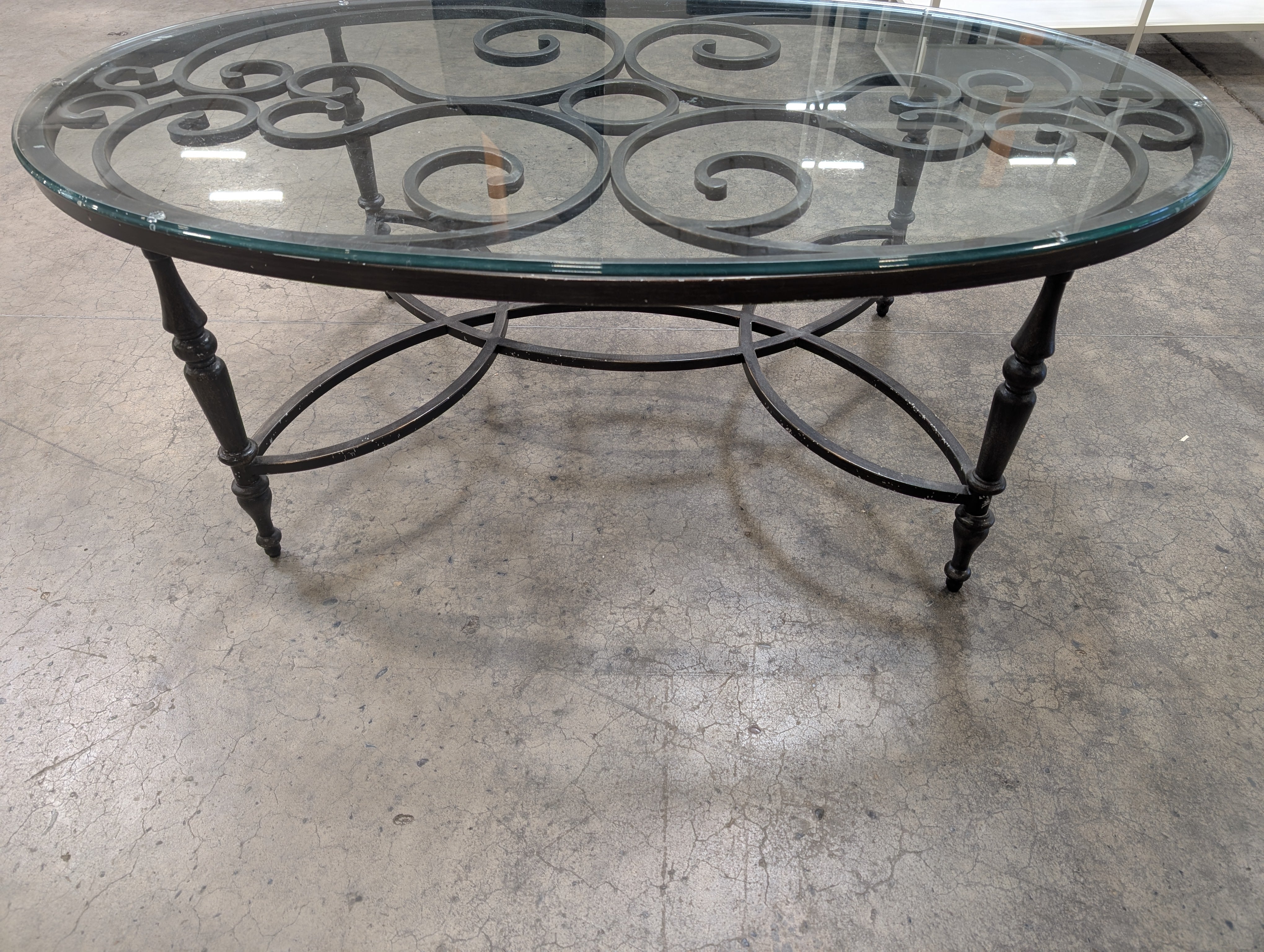 Ornate Scrollwork Metal and Glass Oval Coffee Table