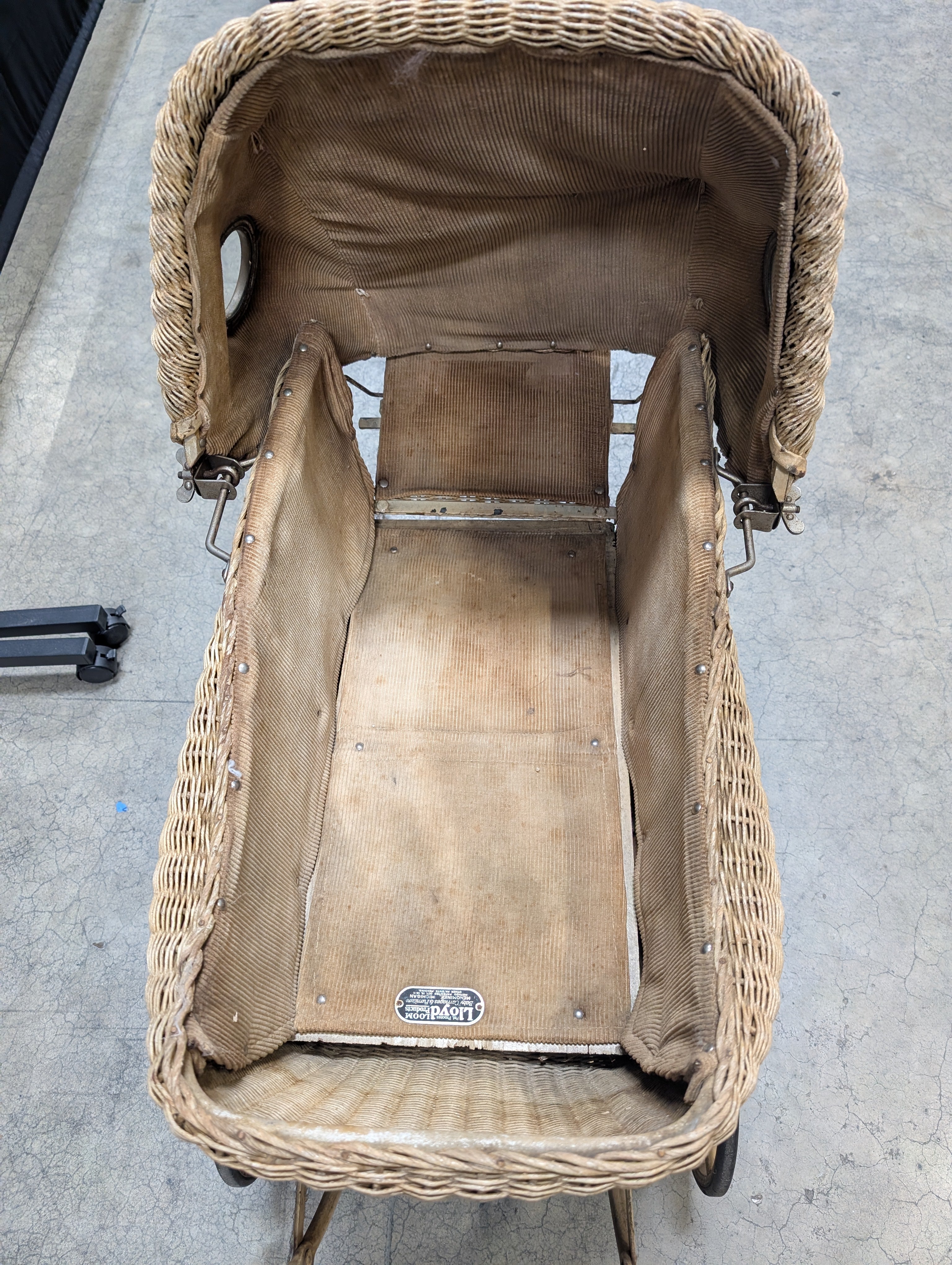 Vintage Lloyd Loom Baby Carriage with Glass Porthole Window