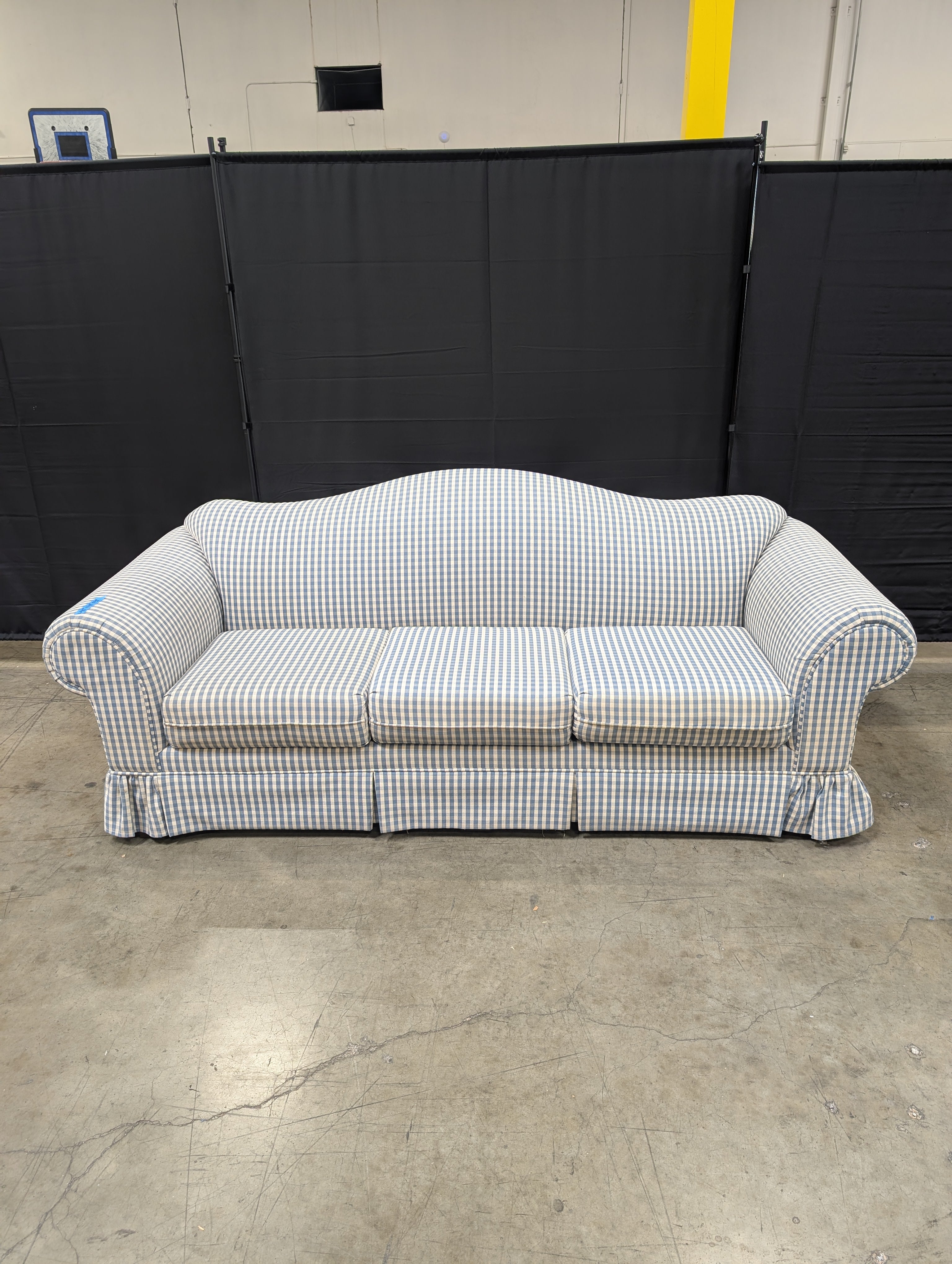 Blue Gingham Bassett Furniture Three-Seater Sofa with Rolled Arms Used
