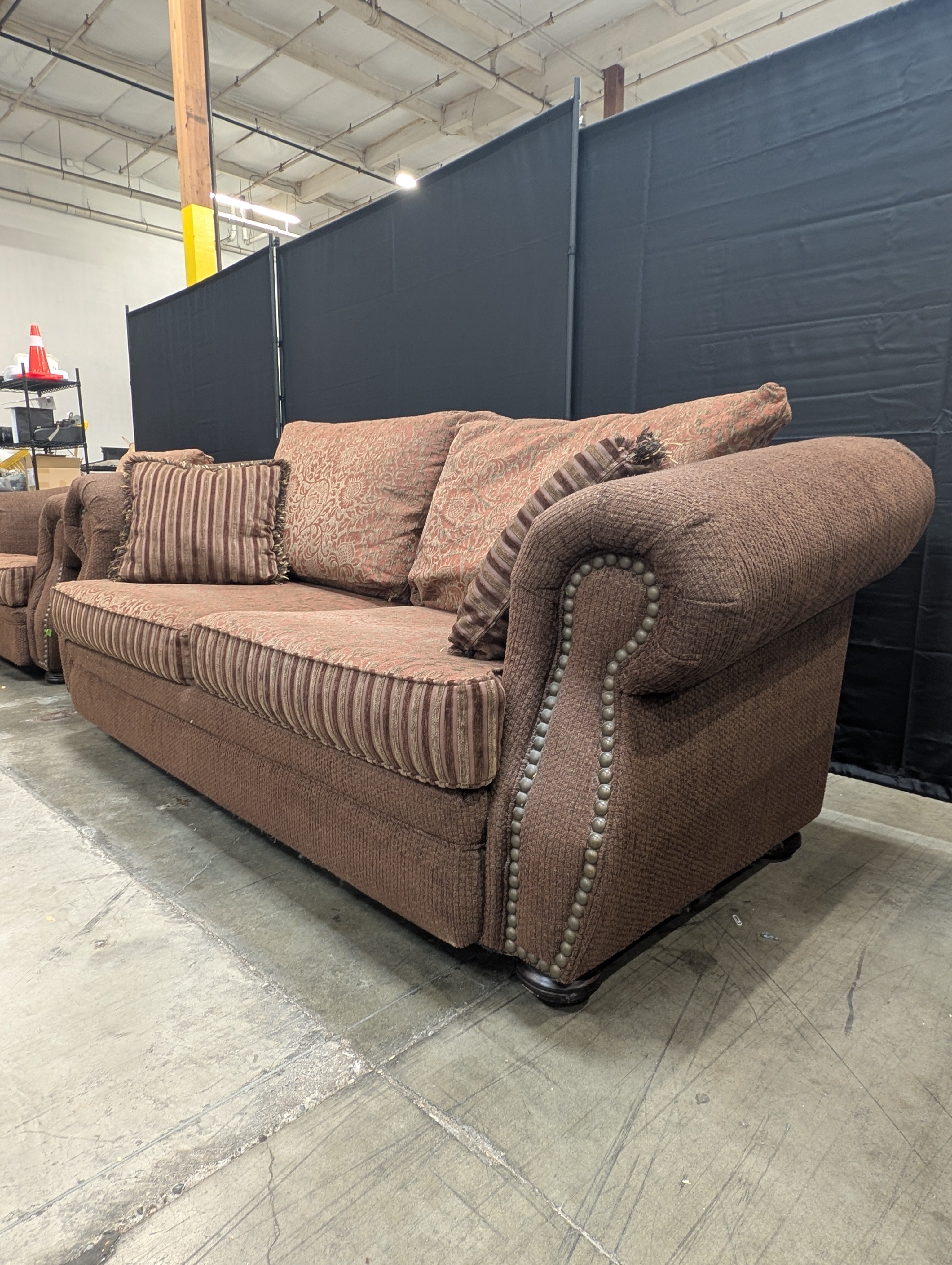 Traditional Brown Fabric Two-Seater Sofa with Nailhead Trim