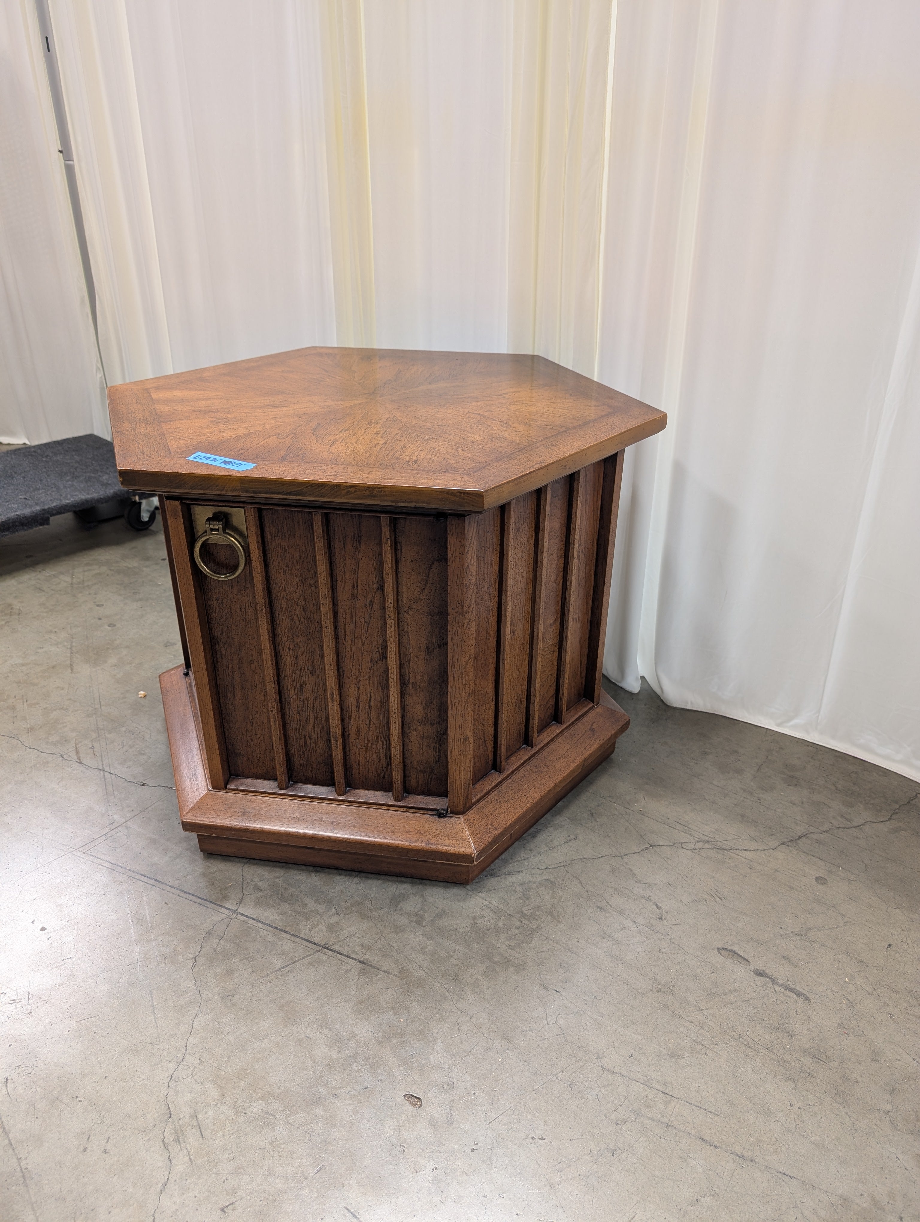 Hexagonal Vintage Wood End Table with Cabinet