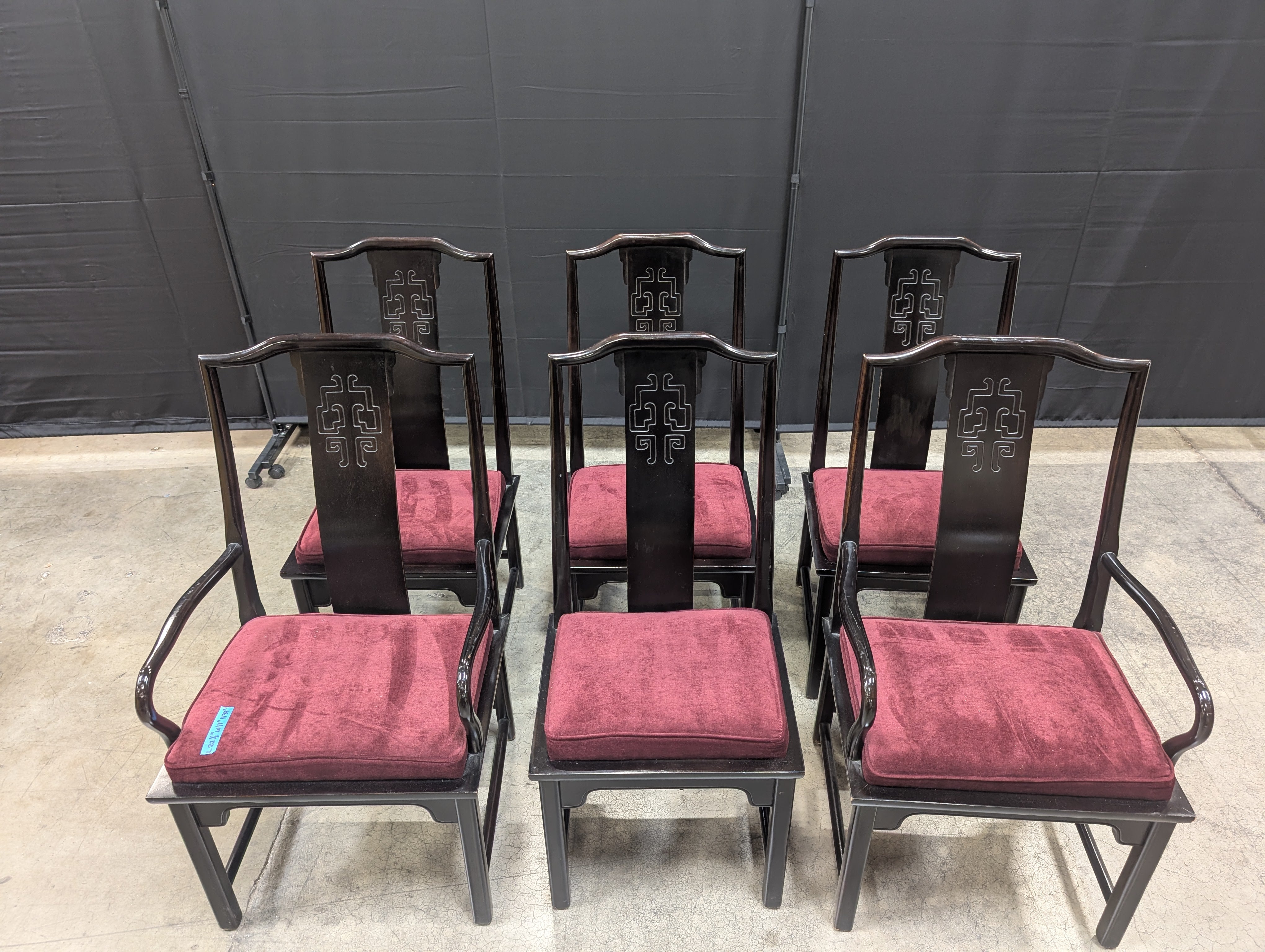Set of Six Century Furniture INC. Black Lacquer Dining Chair with Burgundy
