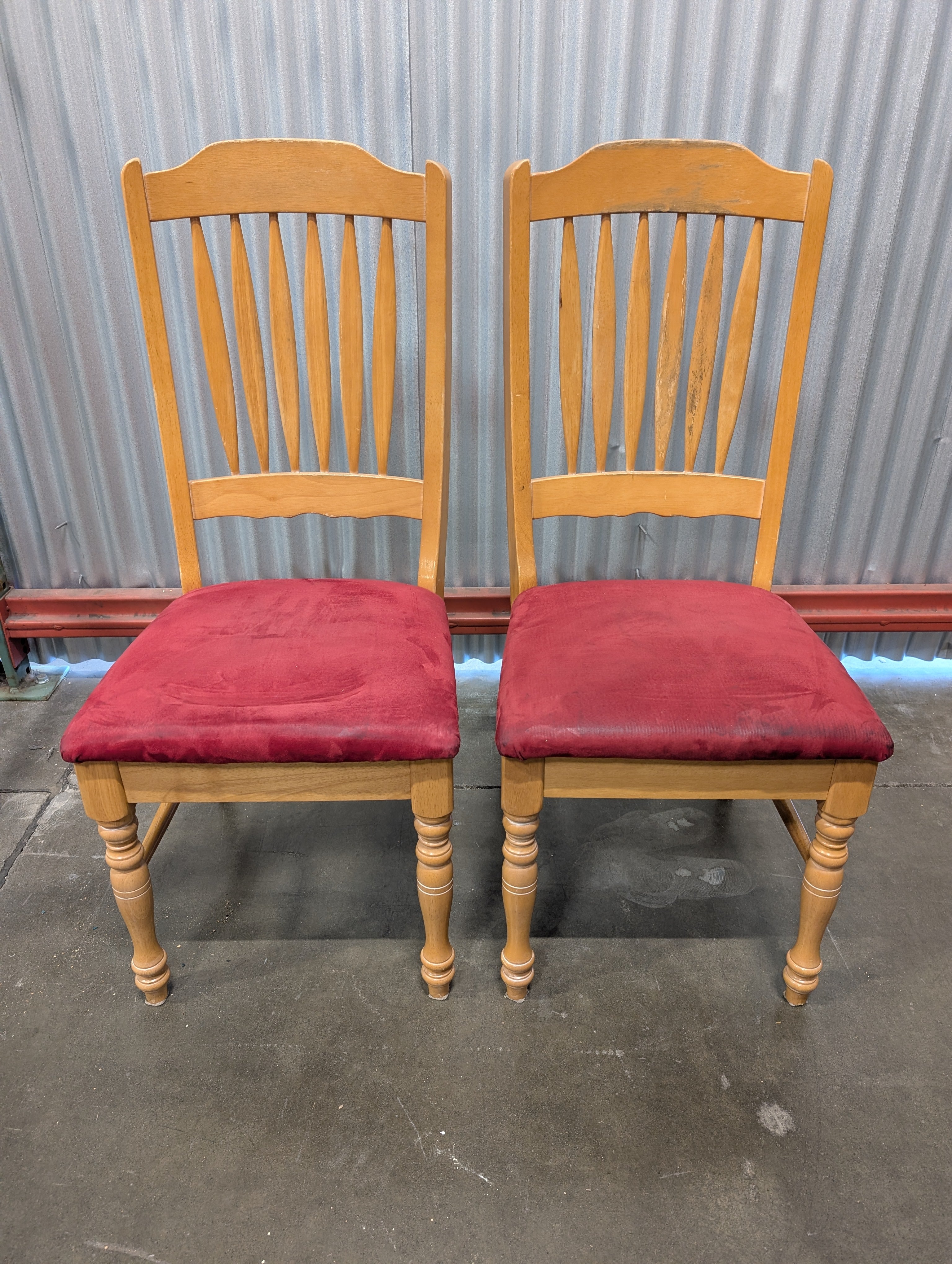 Pair of Classic Wooden Spindle Back Chair with Red Upholstered Seat