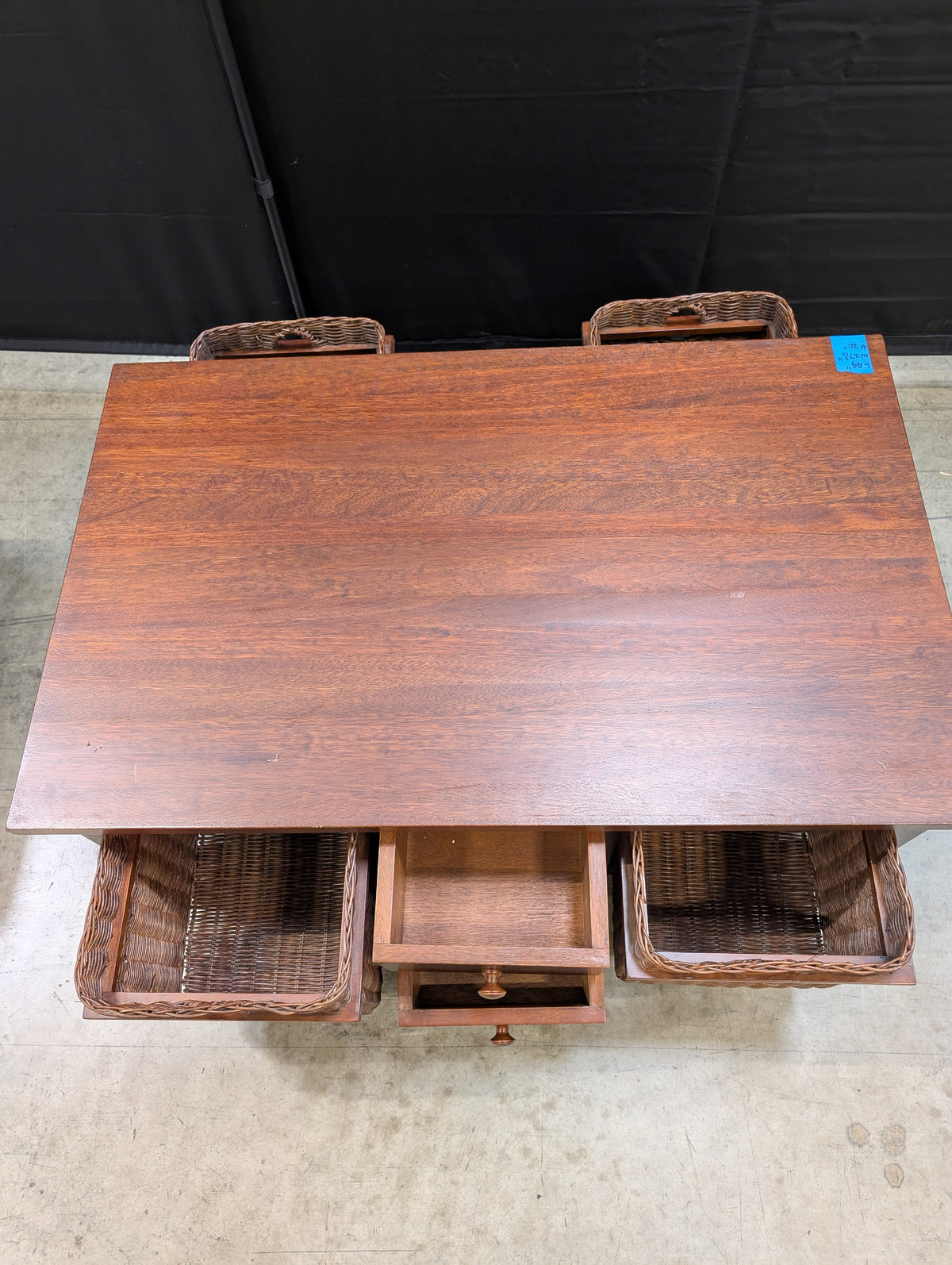 Dark Brown Wood Coffee Table with Wicker Storage Baskets