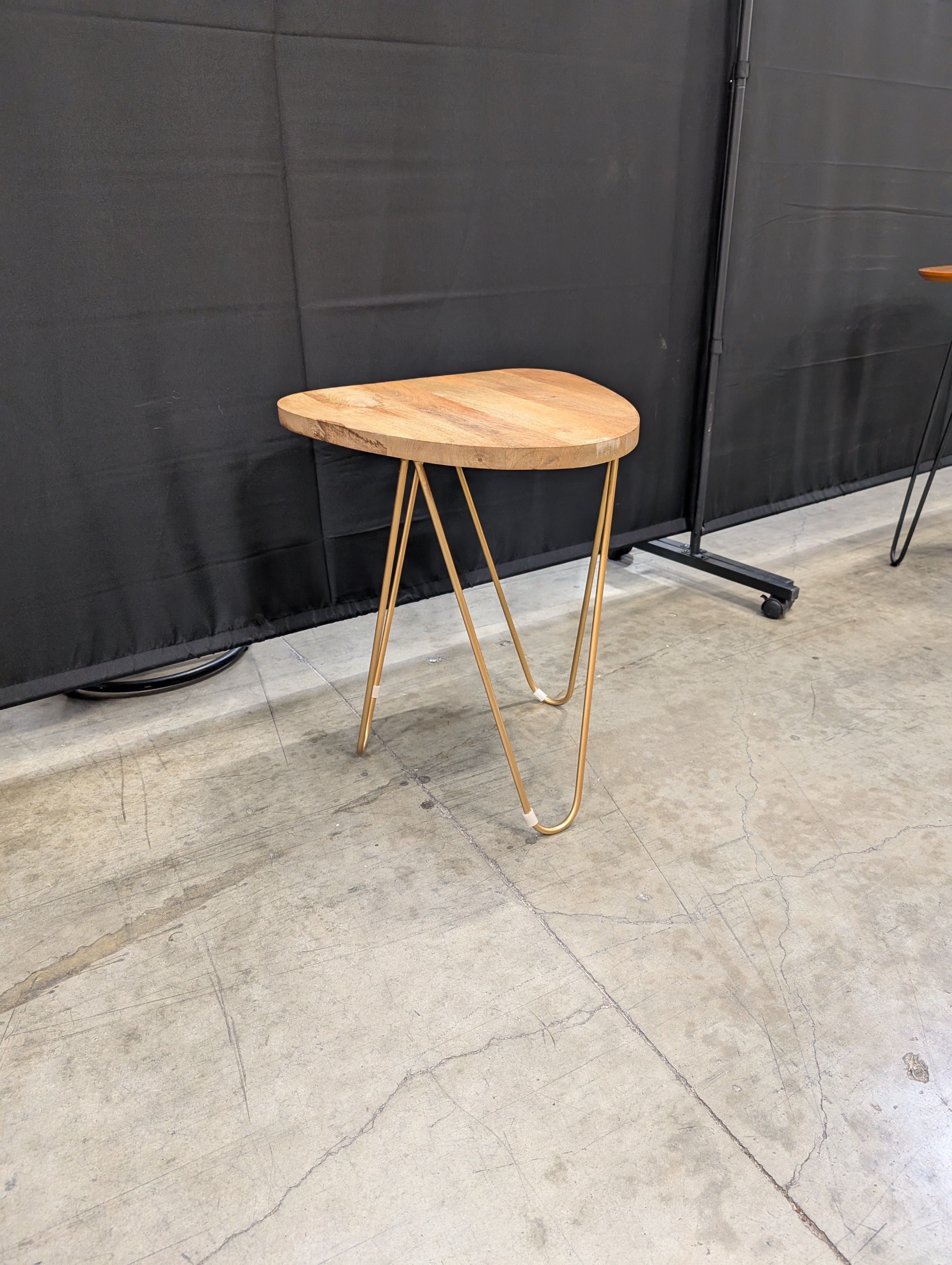 Mid-Century Modern Natural Wood Irregular Side Table with Gold Hairpin Legs