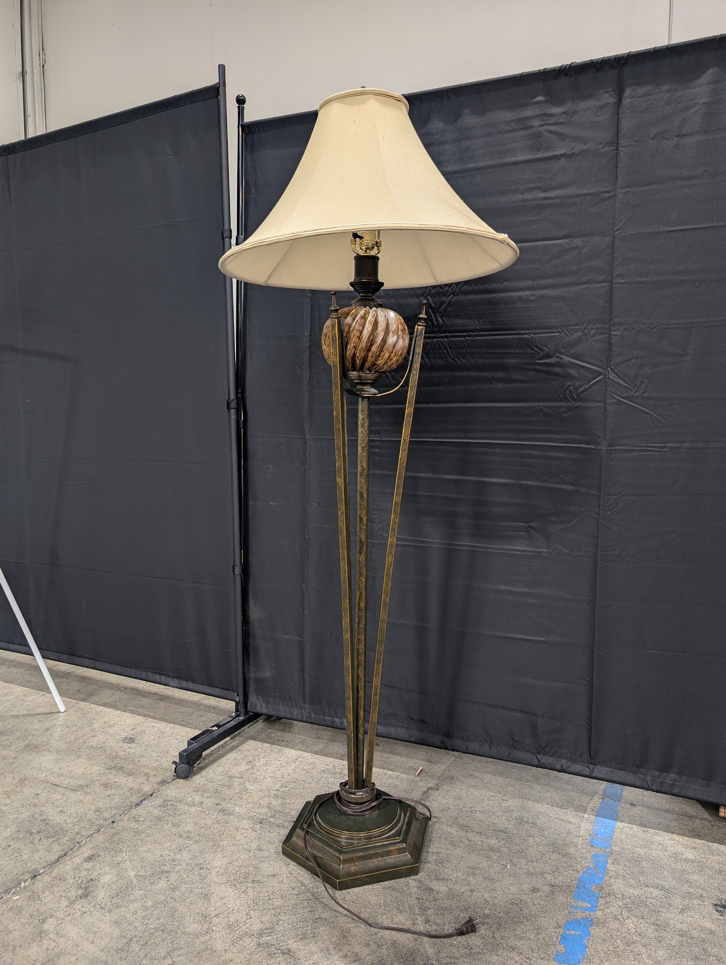 Dark Metal Three-Legged Floor Lamp with Cream Shade