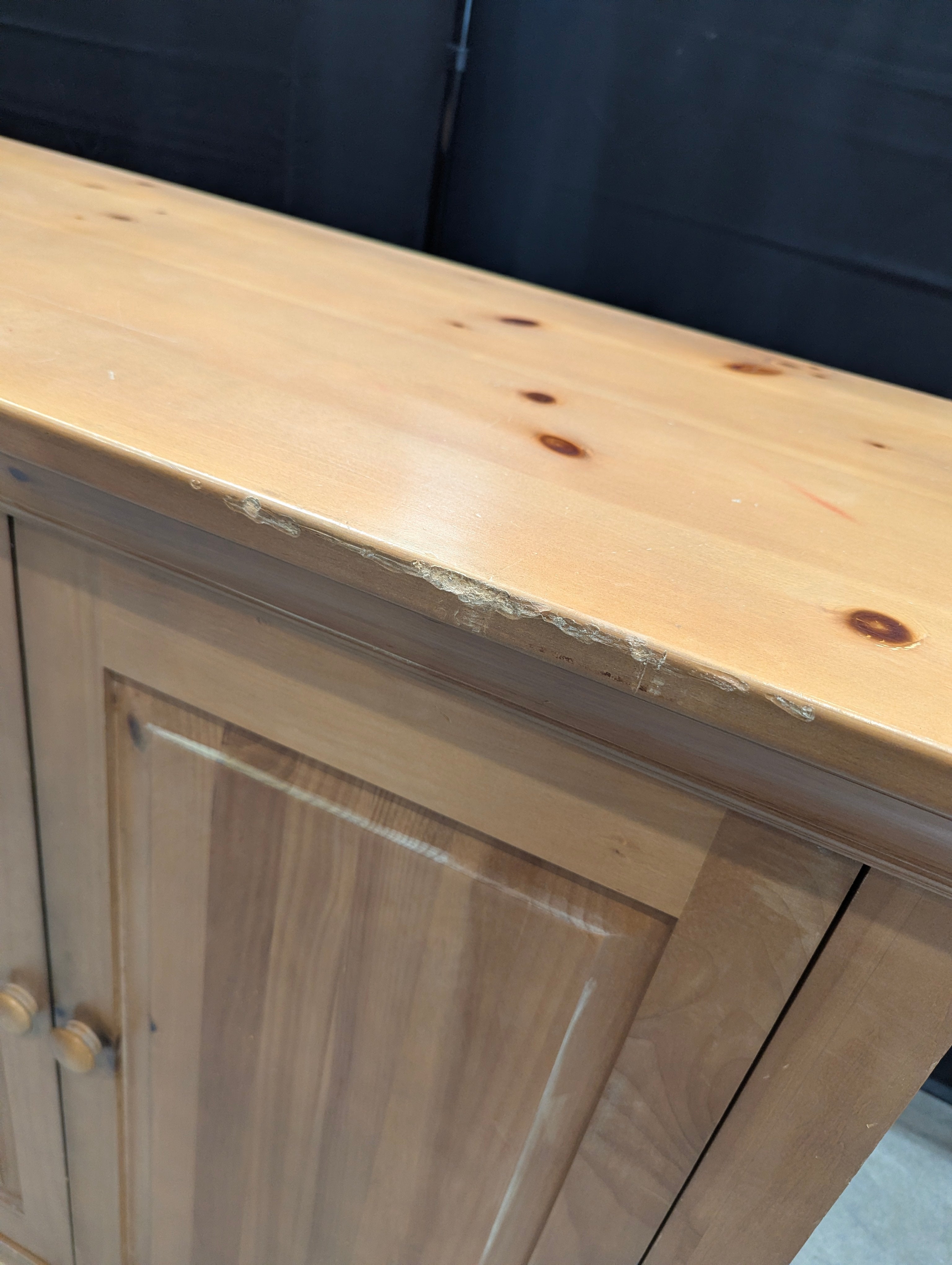 Light Pine Wood Three-Door TV console with Glass Panel