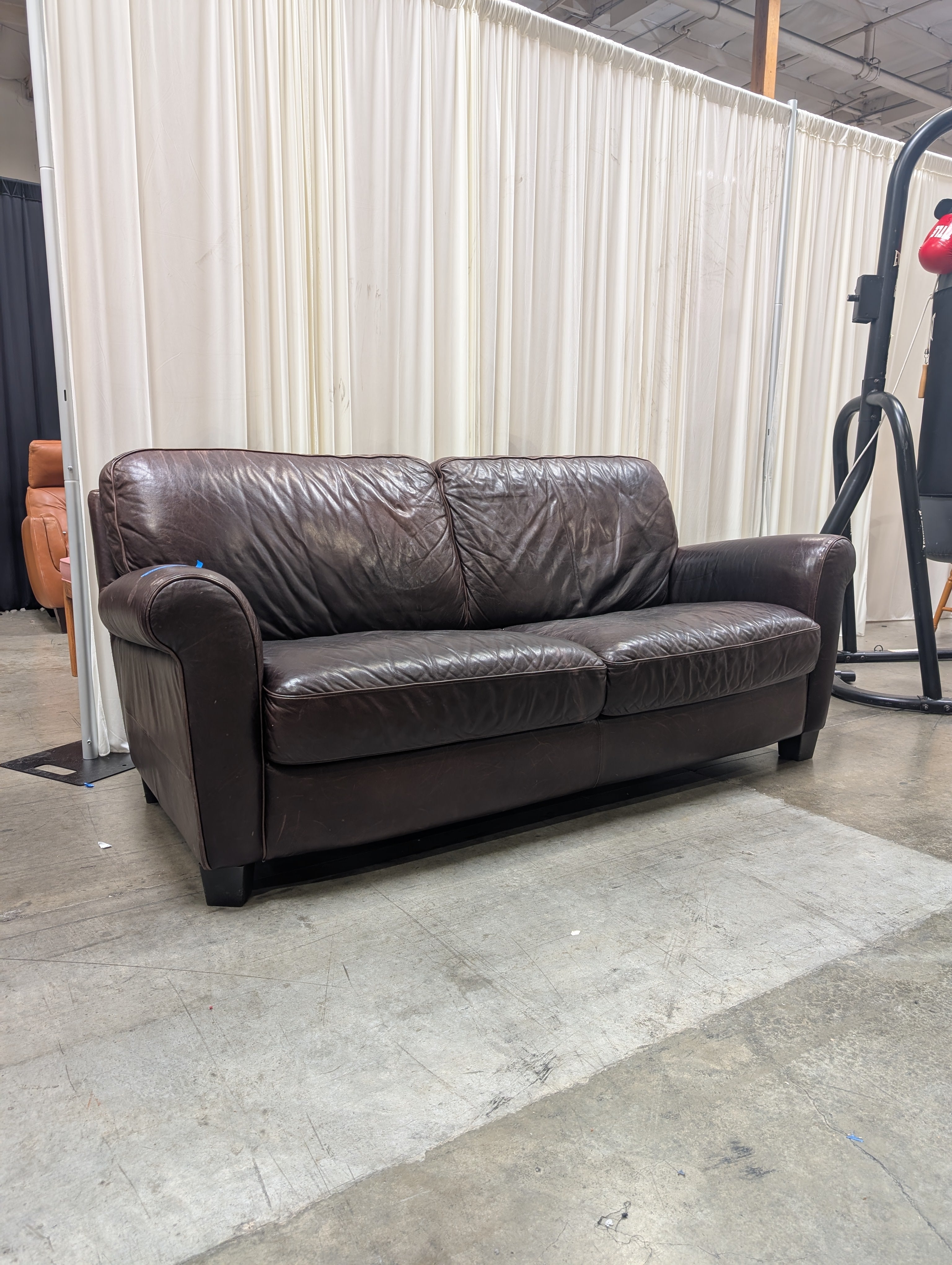Dark Brown Rolled Arm Couch in Leather