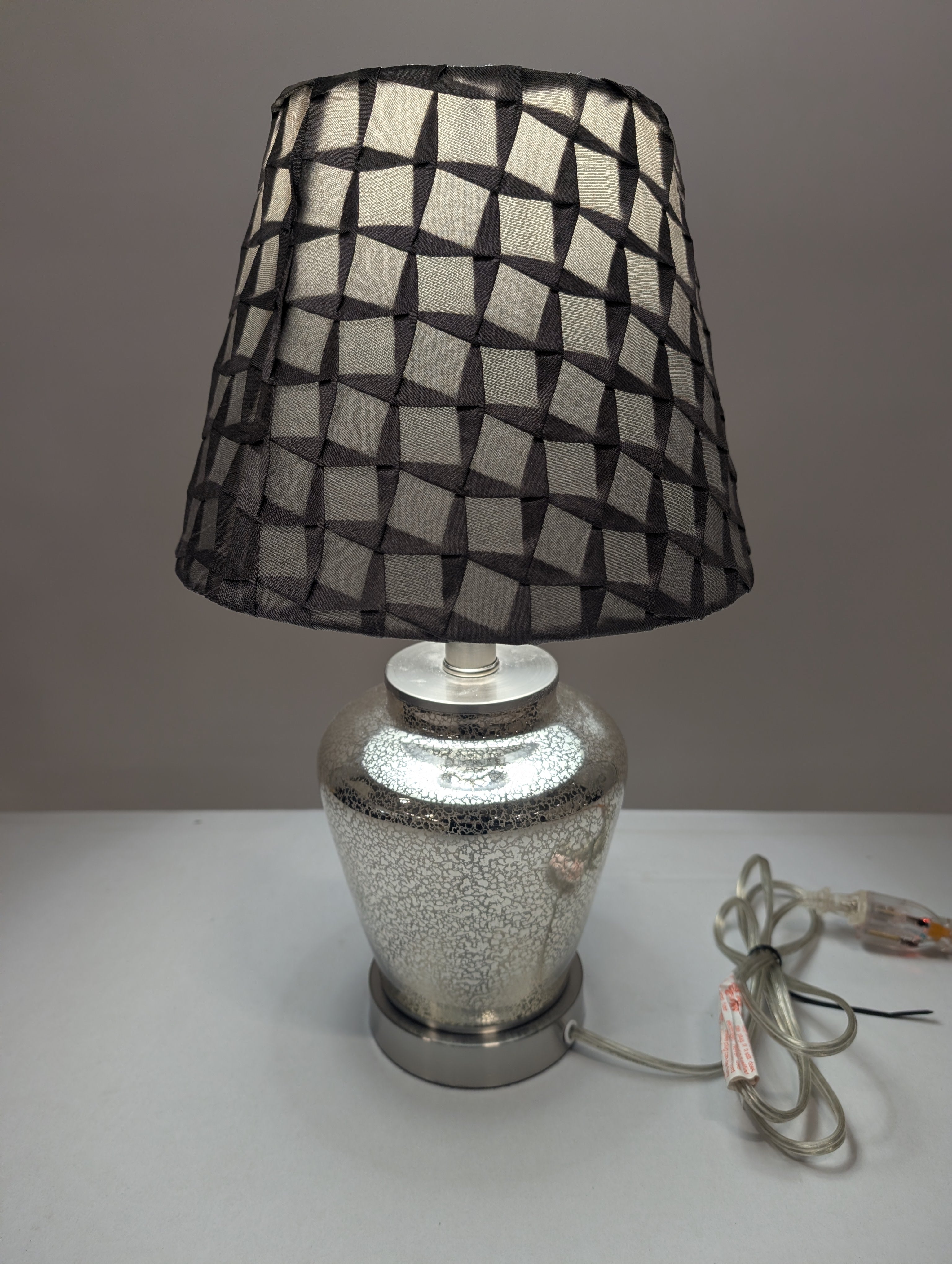 Silver Mercury Glass Table Lamp with Textured Gray Fabric Shade