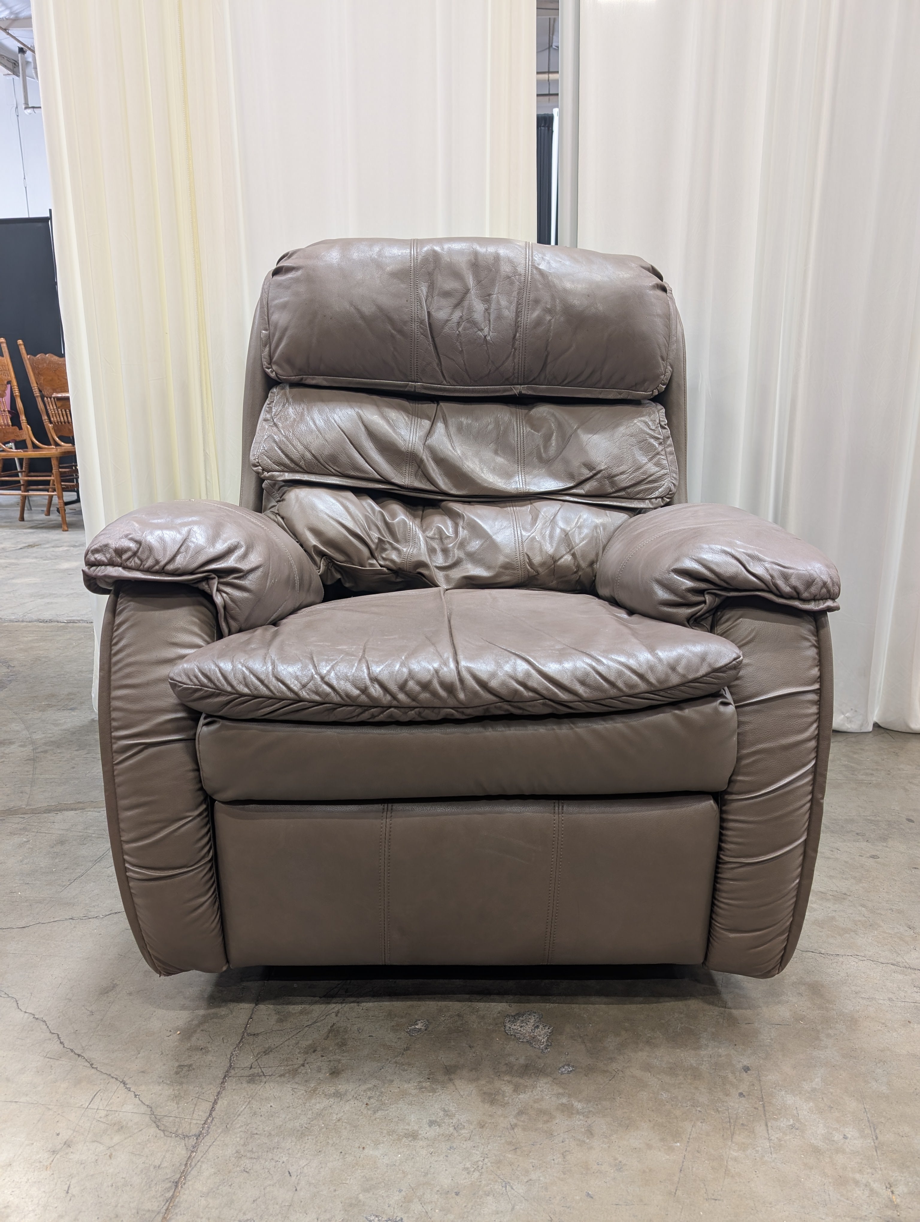Brown Padded Leather Recliner with Rolled Arms