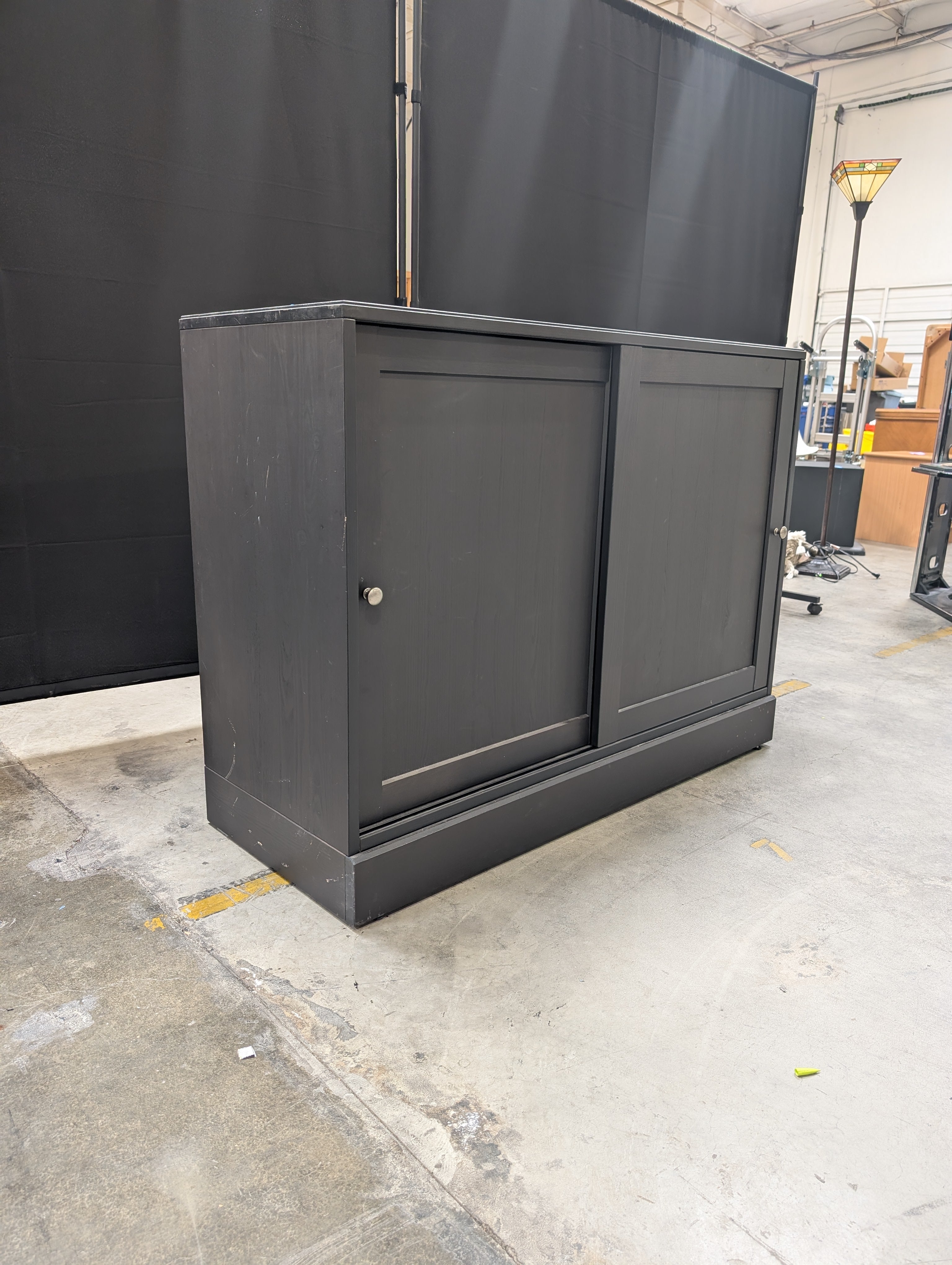 Dark Finish Sliding Door Storage Cabinet with Open Shelf Ikea Used