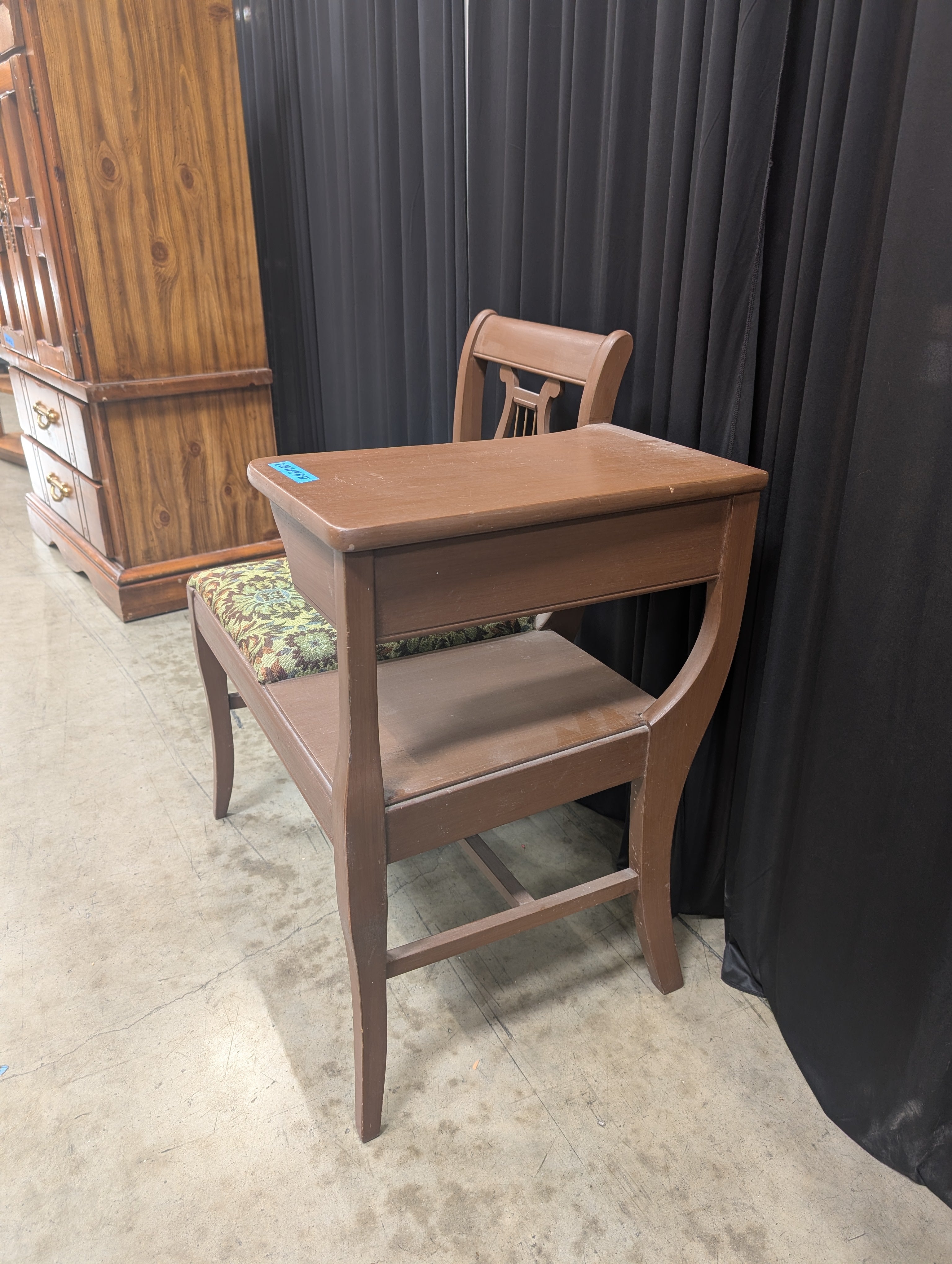 Brown Wood Lyre-Back Telephone Bench with Upholstered Seat