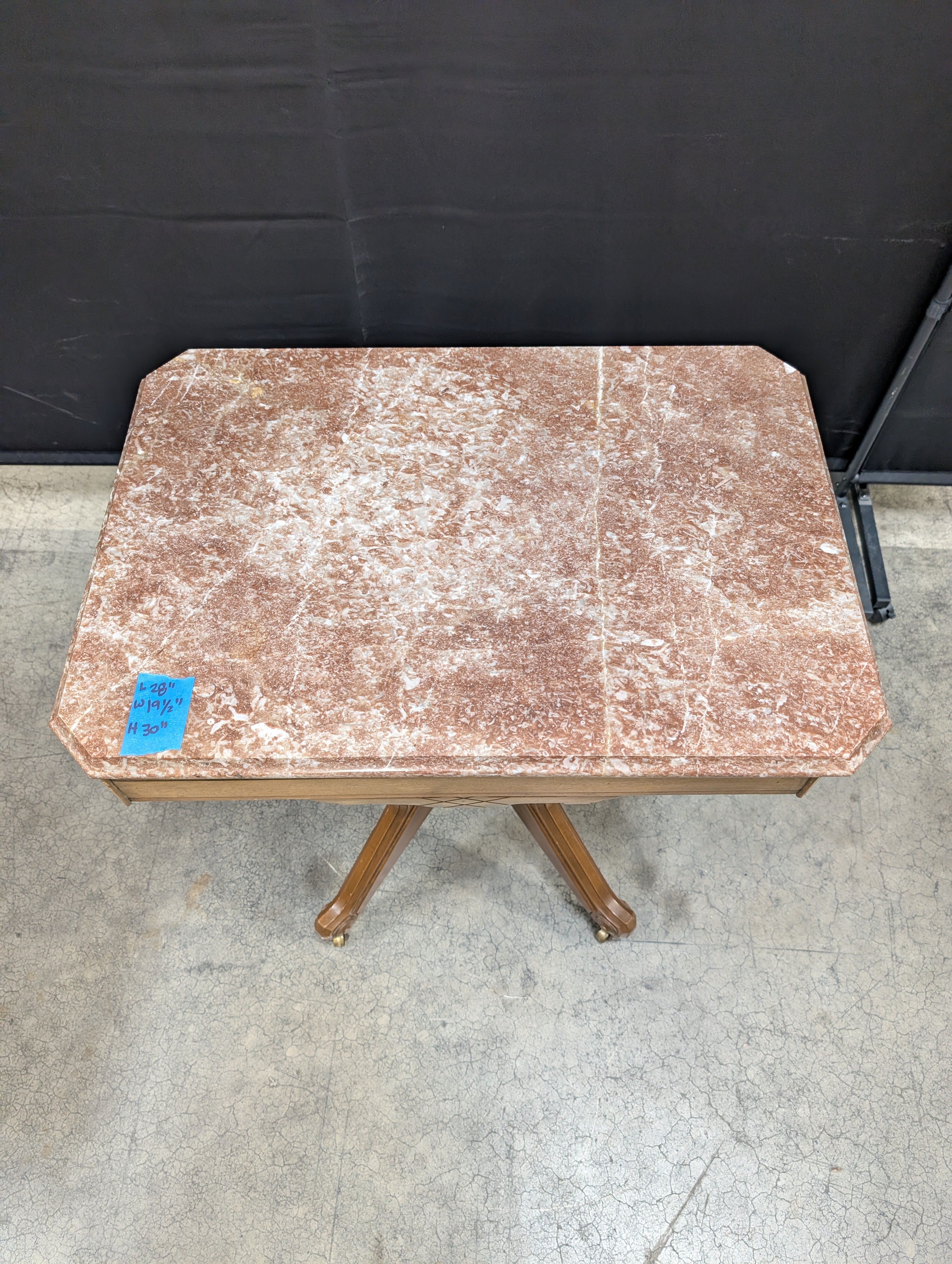 Vintage Hexagonal Marble Top Accent Table with Carved Wood Base