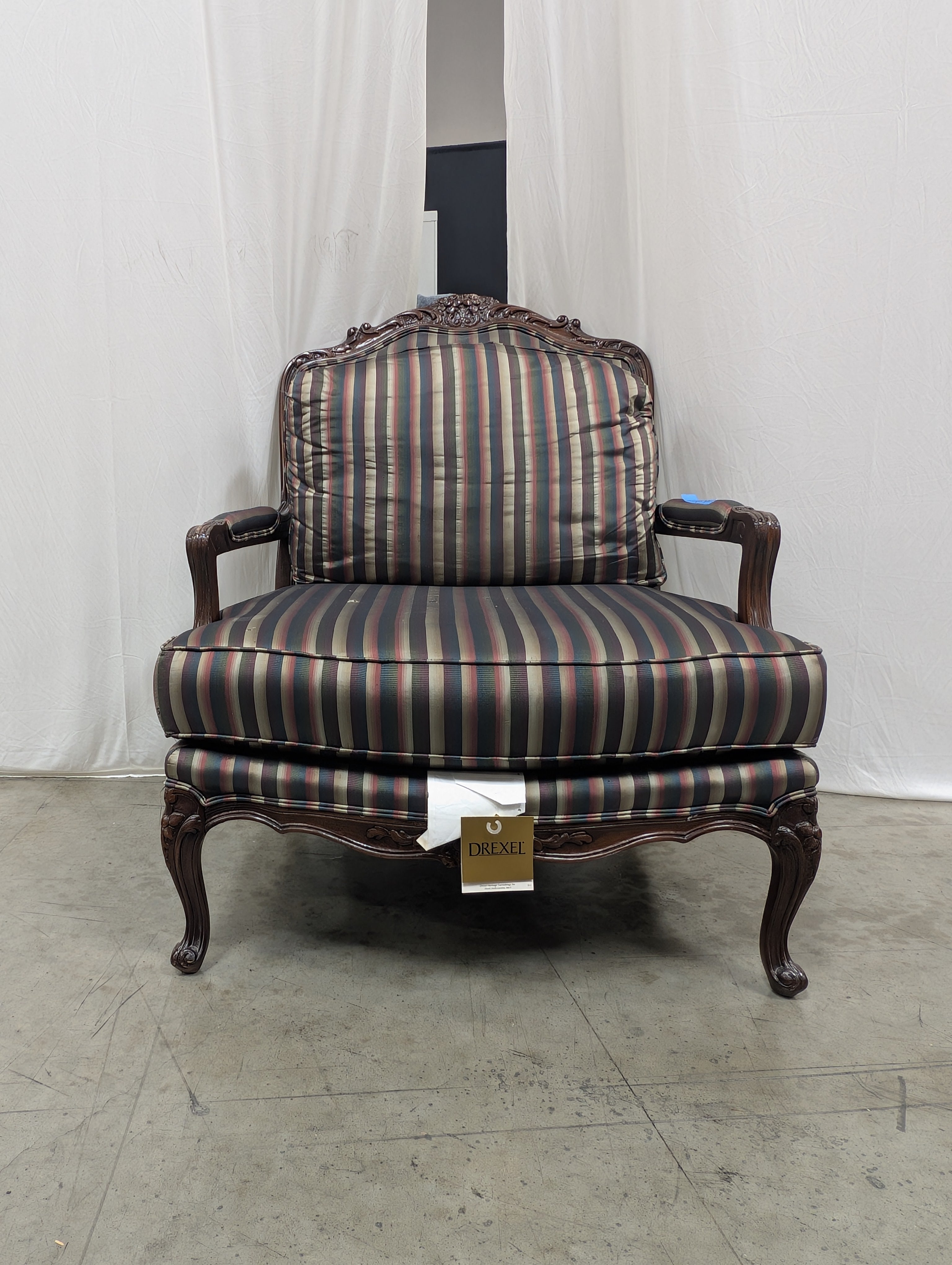 Carved Wood Drexel Accent Armchair with Striped Upholstery