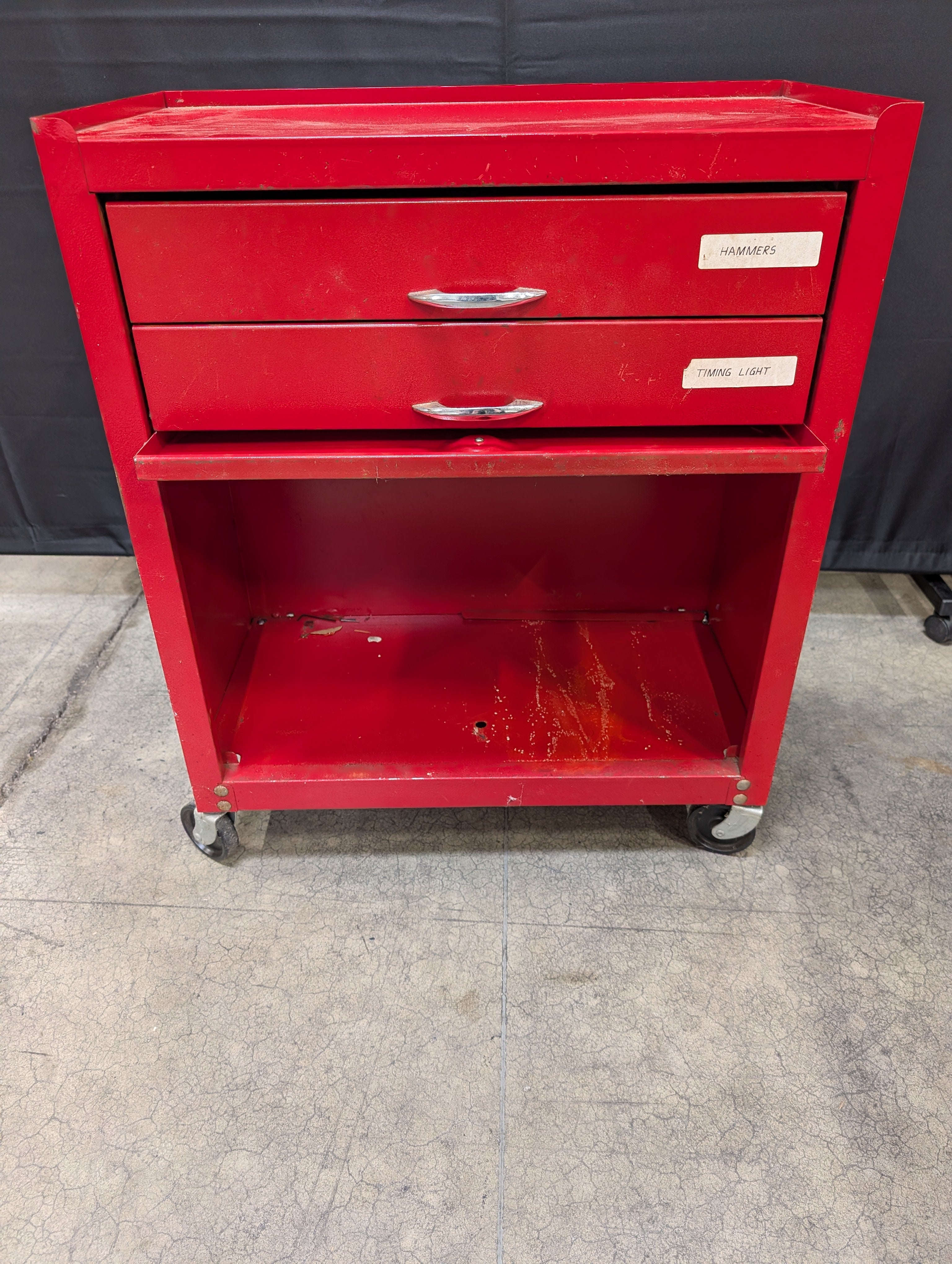 Compact Red Metal Rolling Tool Cart with Two Drawers
