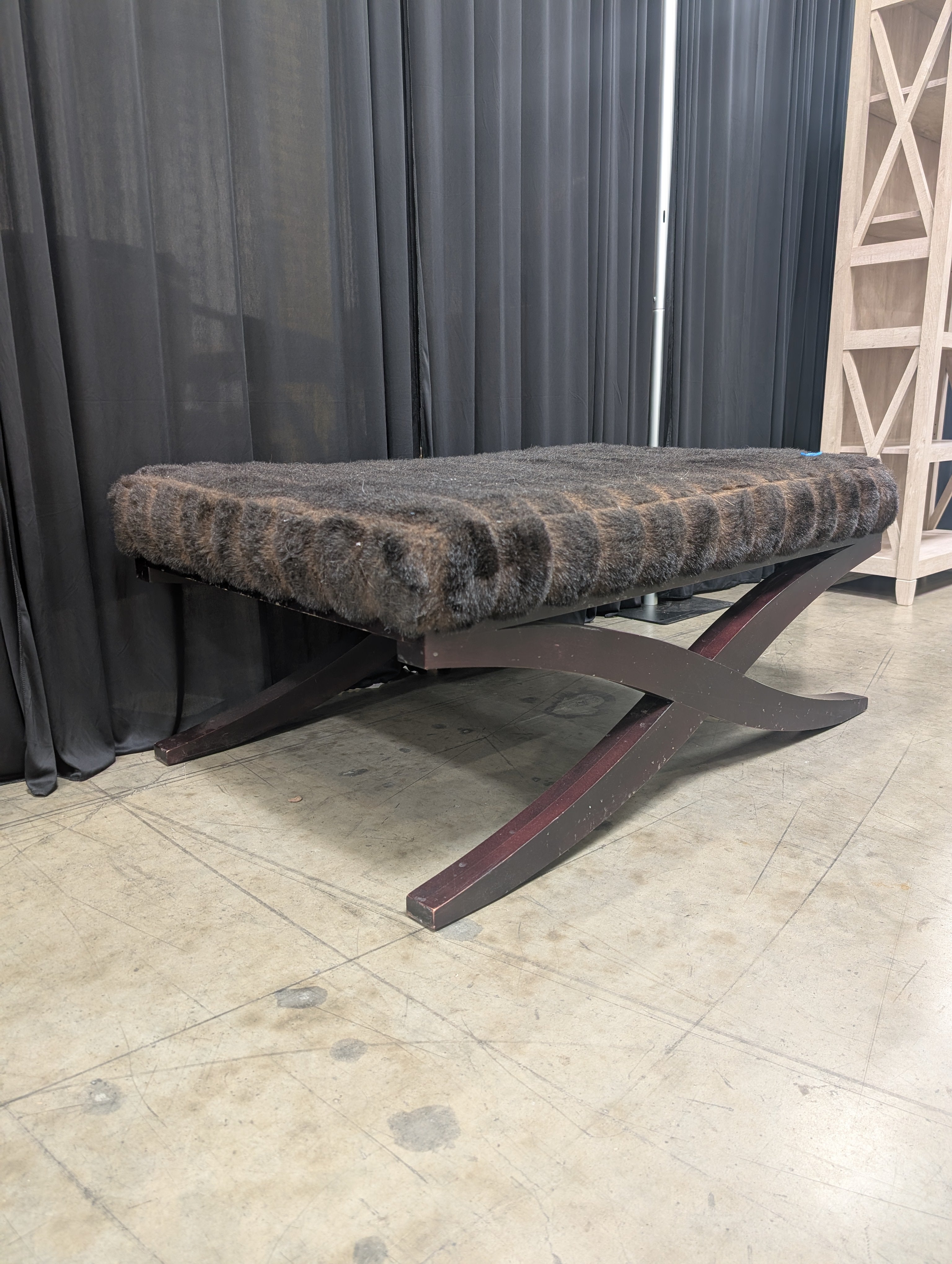 Ribbed Faux Fur X-Base Ottoman in Dark Wood