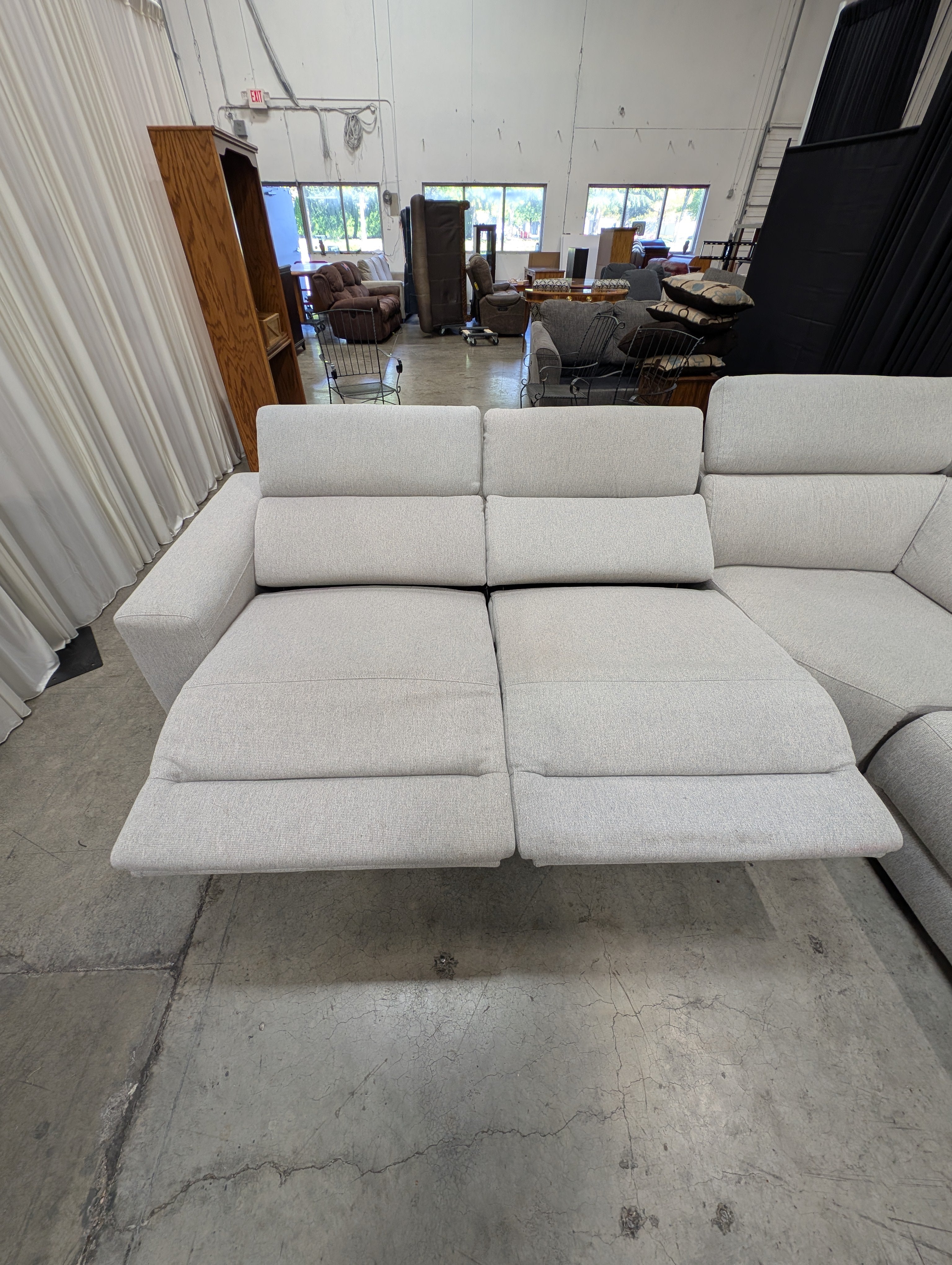 Macy's Nevio 6 Piece Fabric Power Reclining Sectional, 3 Power Recliners with Power Headrests, Light Gray Mineral