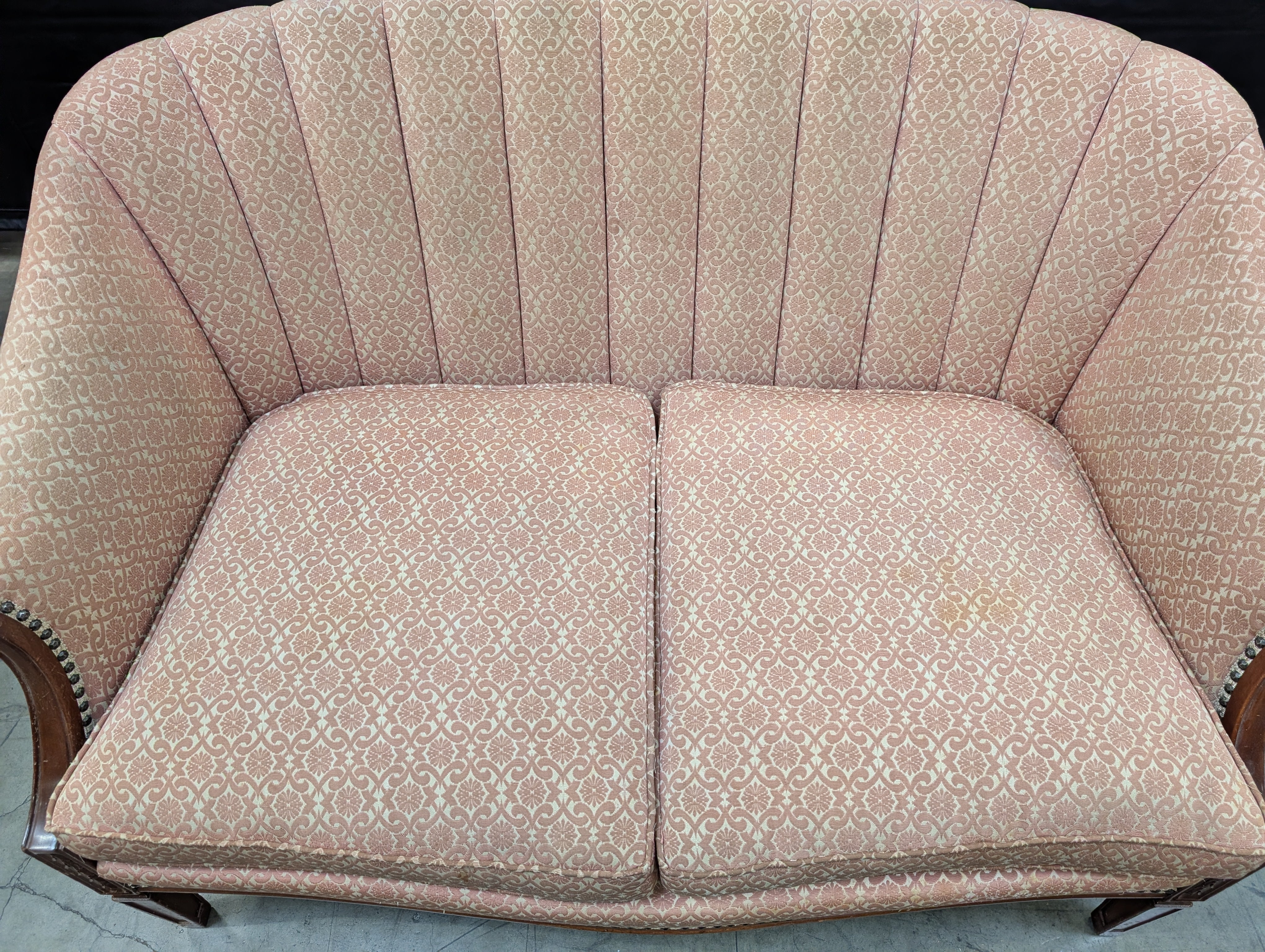 Poor condition Traditional Patterned Fabric Two-Seater Sofa with Wood Frame