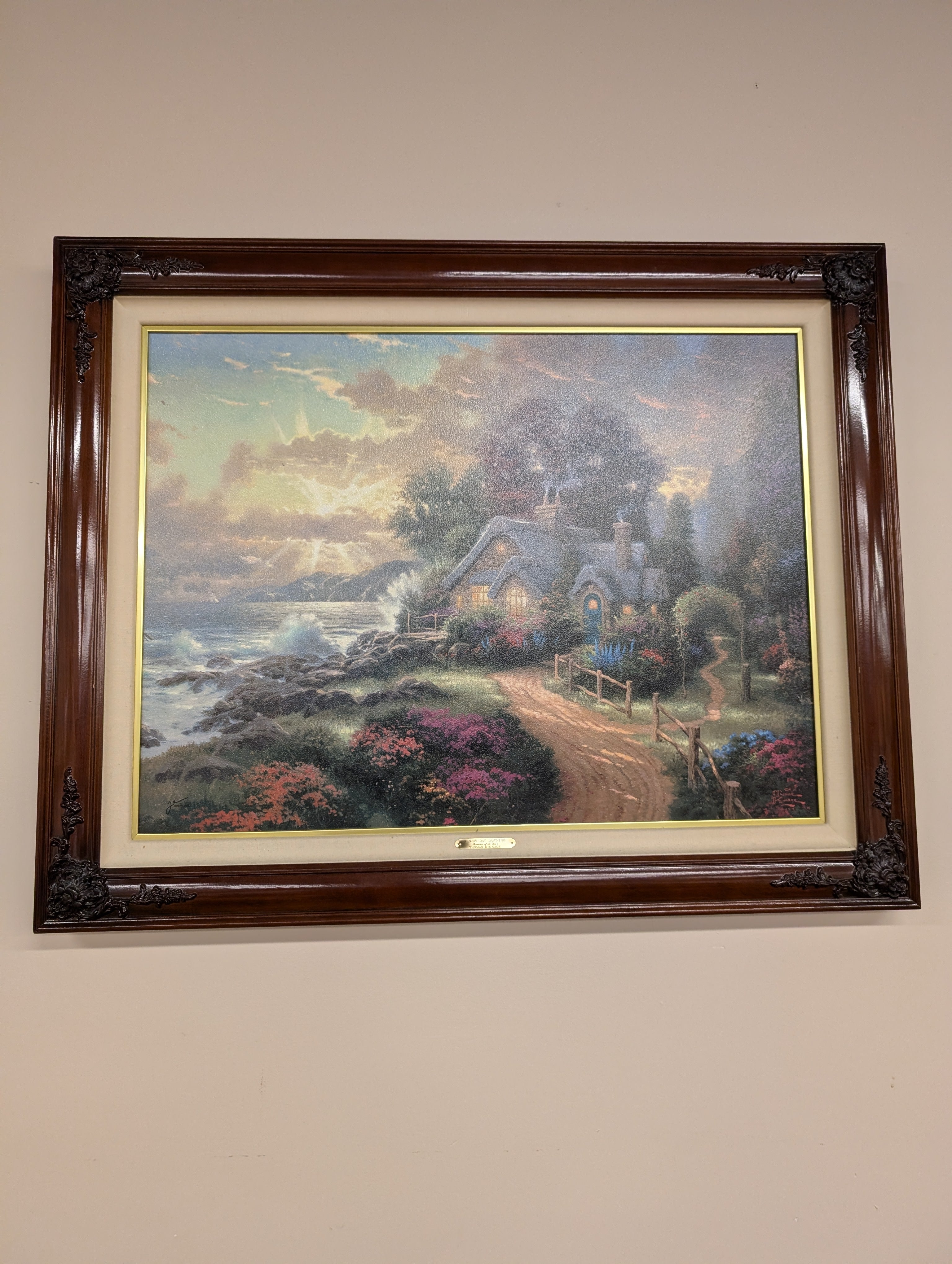 Thomas Kinkade Coastal Cottage Canvas Art in Dark Wood Frame