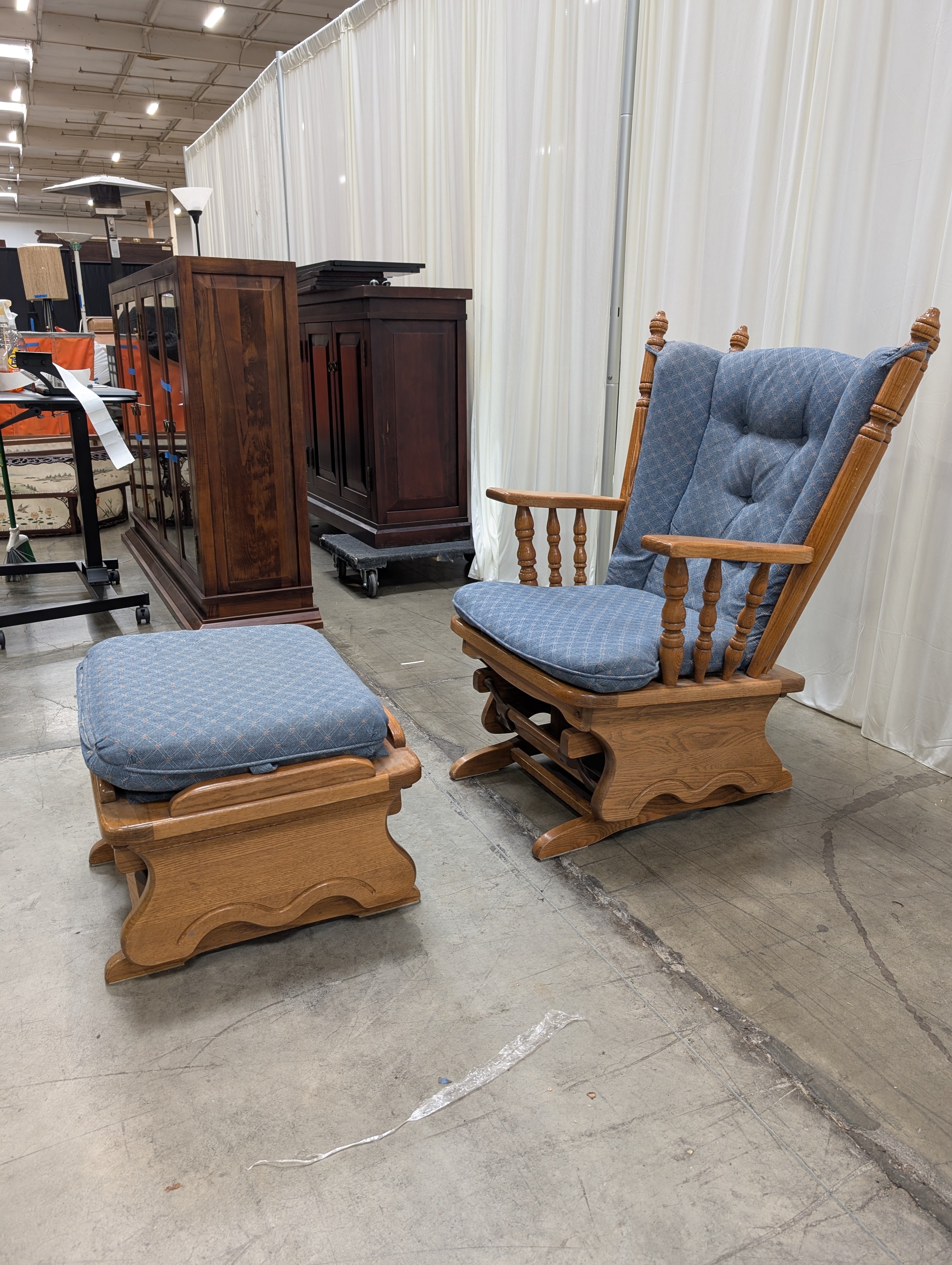 Blue Patterned Glider Chair with Matching Ottoman