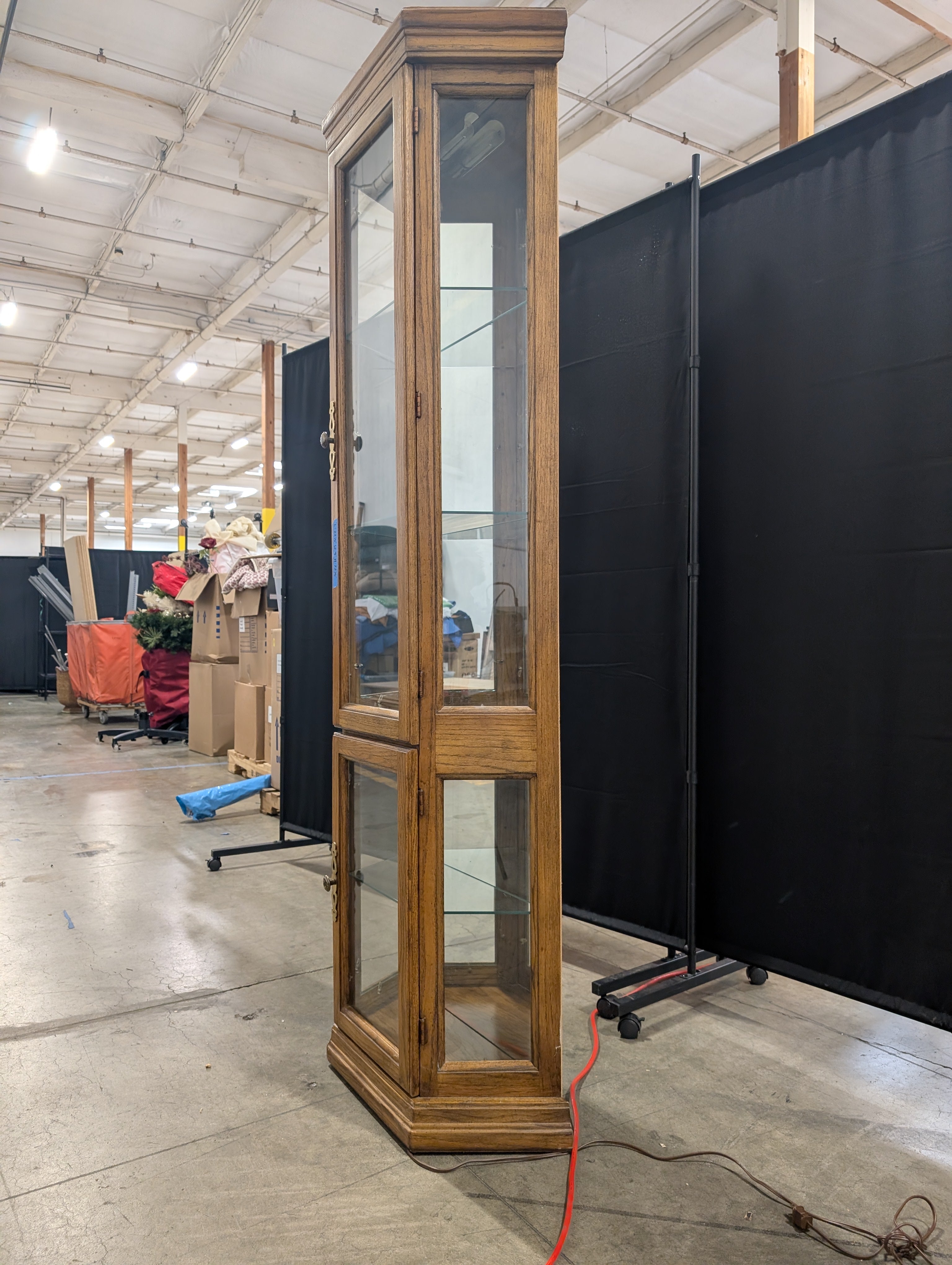 Oak Wood Tall China Cabinet with Glass Shelves