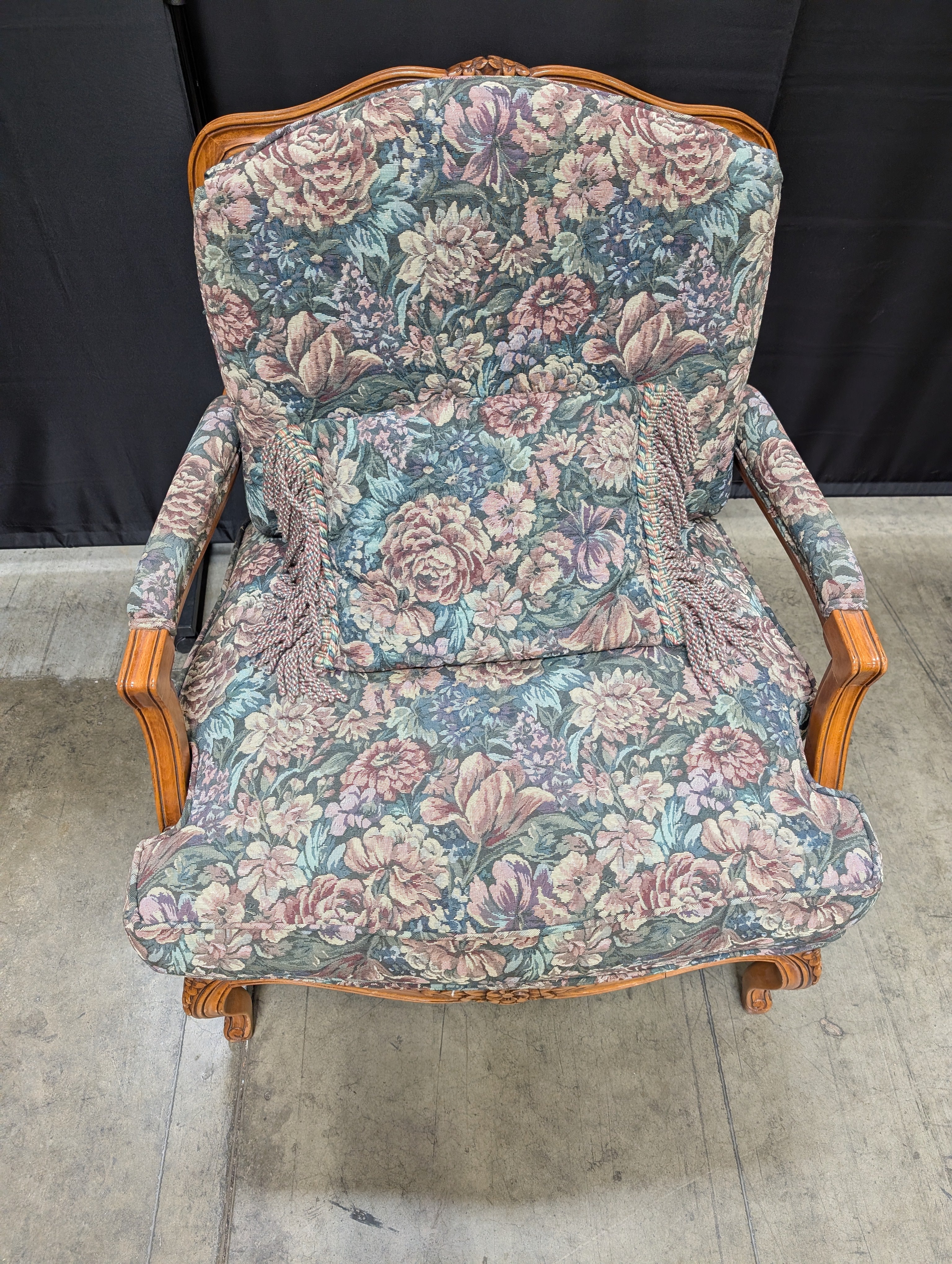 Vintage Floral Upholstered Carved Wood Armchair