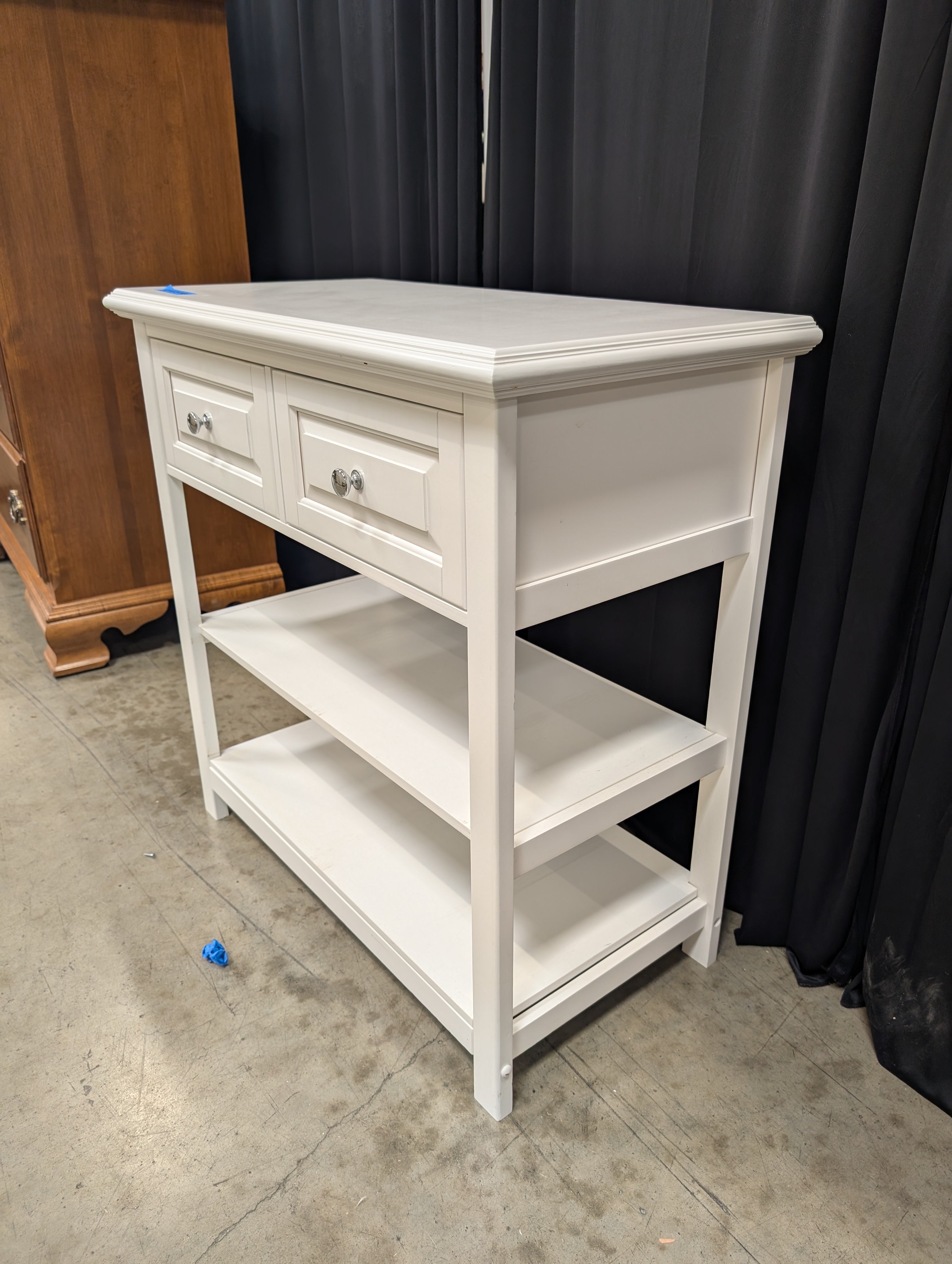 White Wooden Two-Drawer Console Table with Shelves