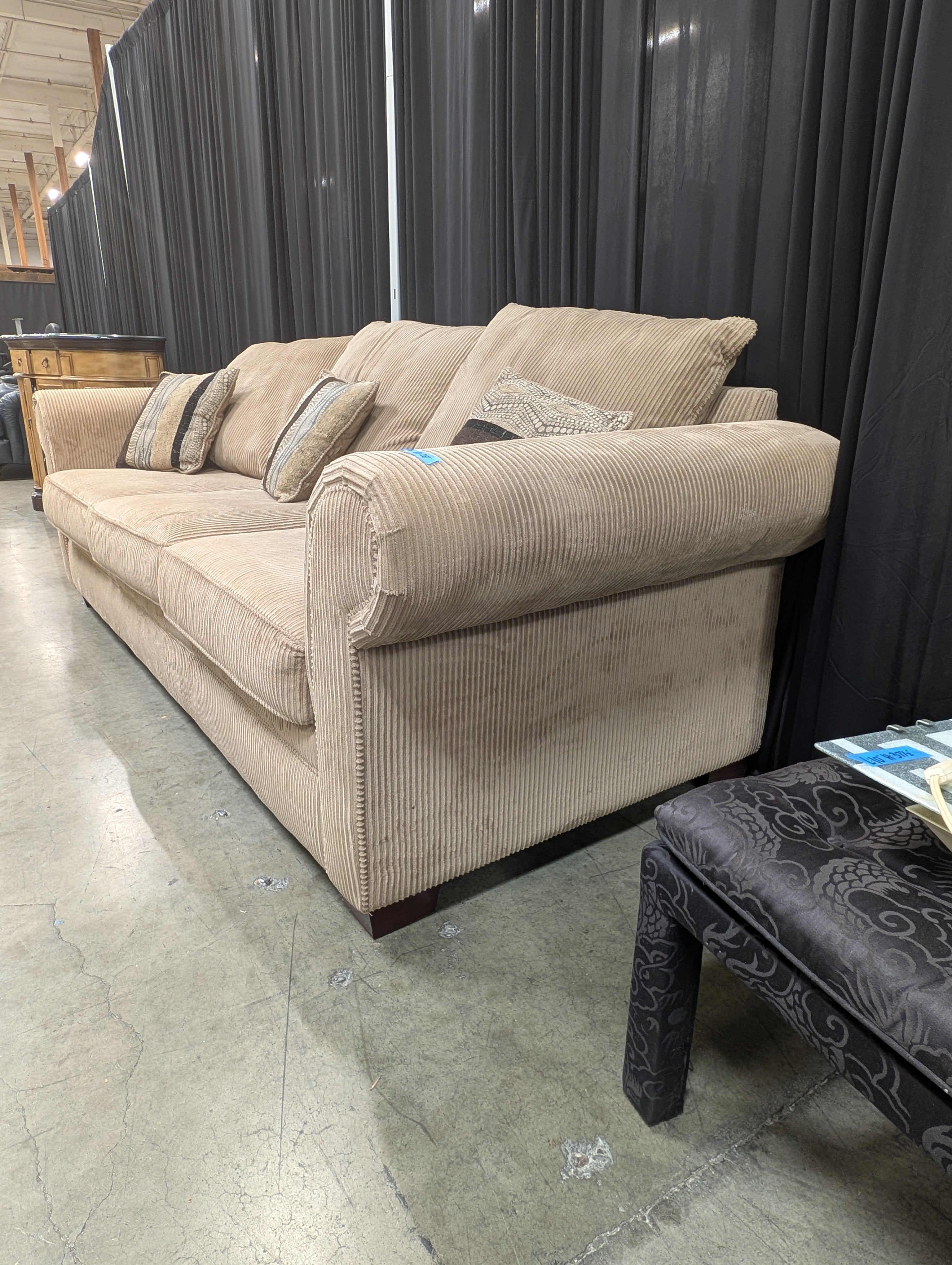 Three-Seat Tan Roll-Arm Couch in Corduroy