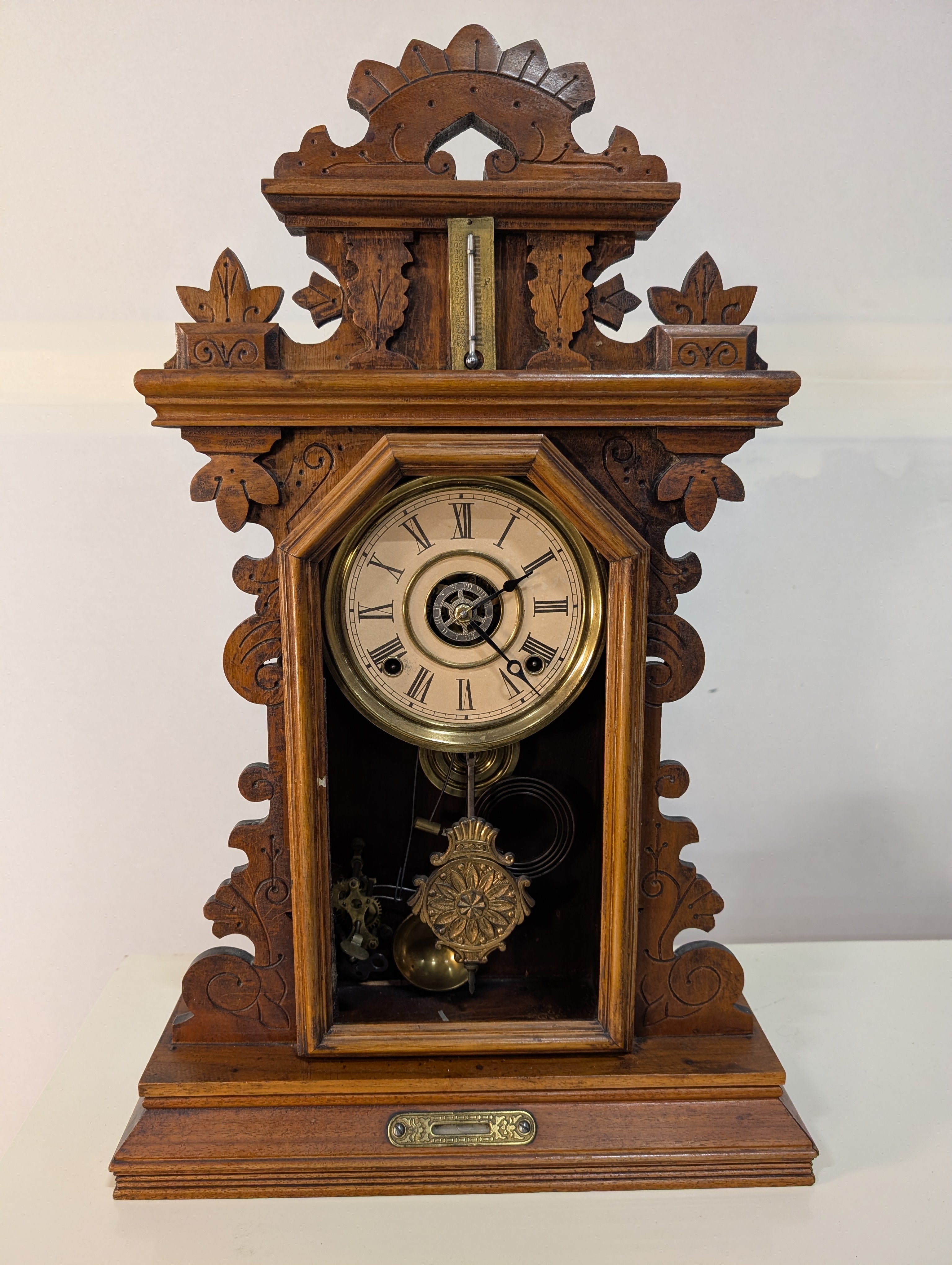 Vintage Carved Wood Mantel Clock with Pendulum and Thermometer