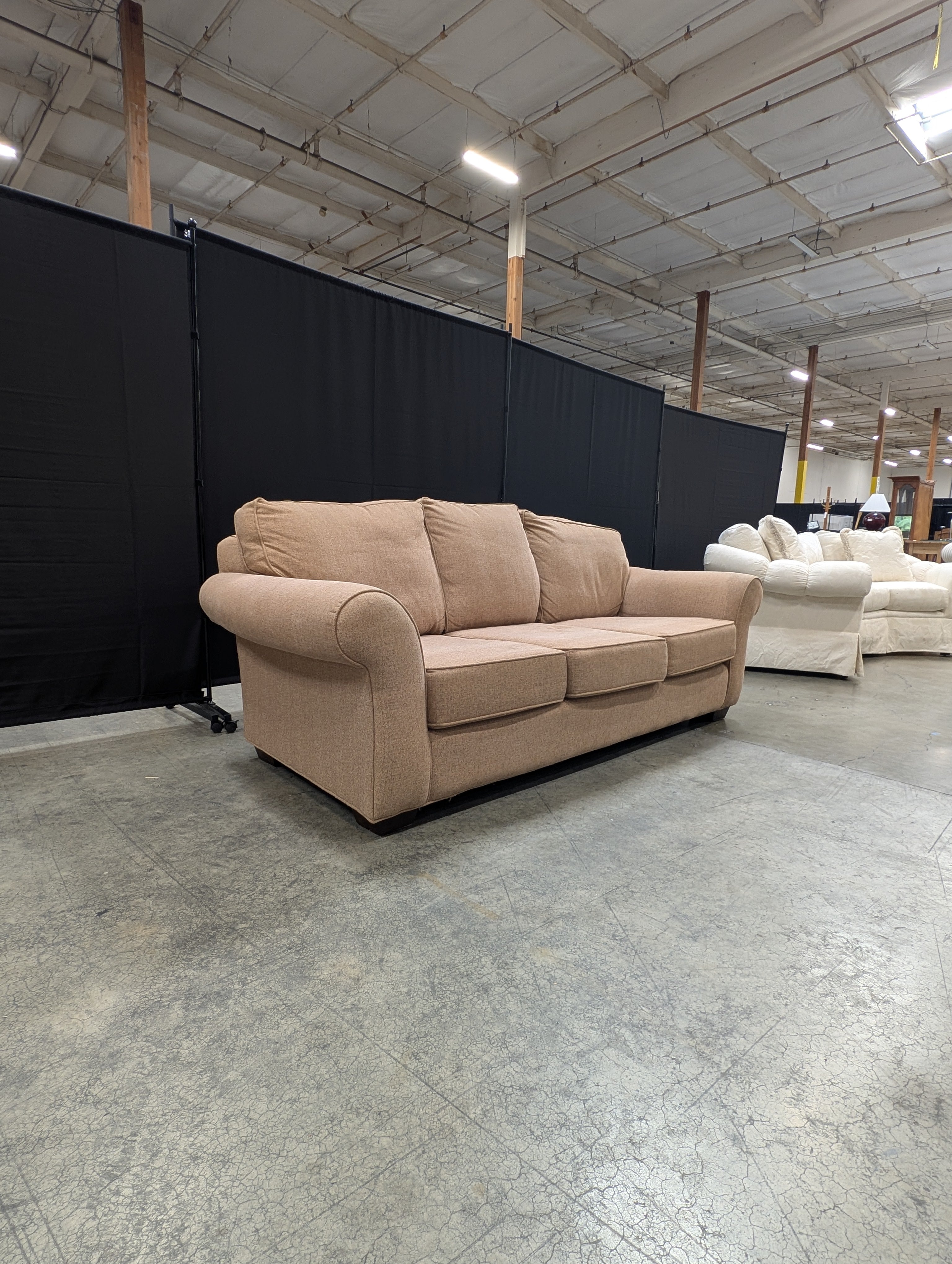 Neutral Beige Thomasville Three-Seat Sofa with Rolled Arms