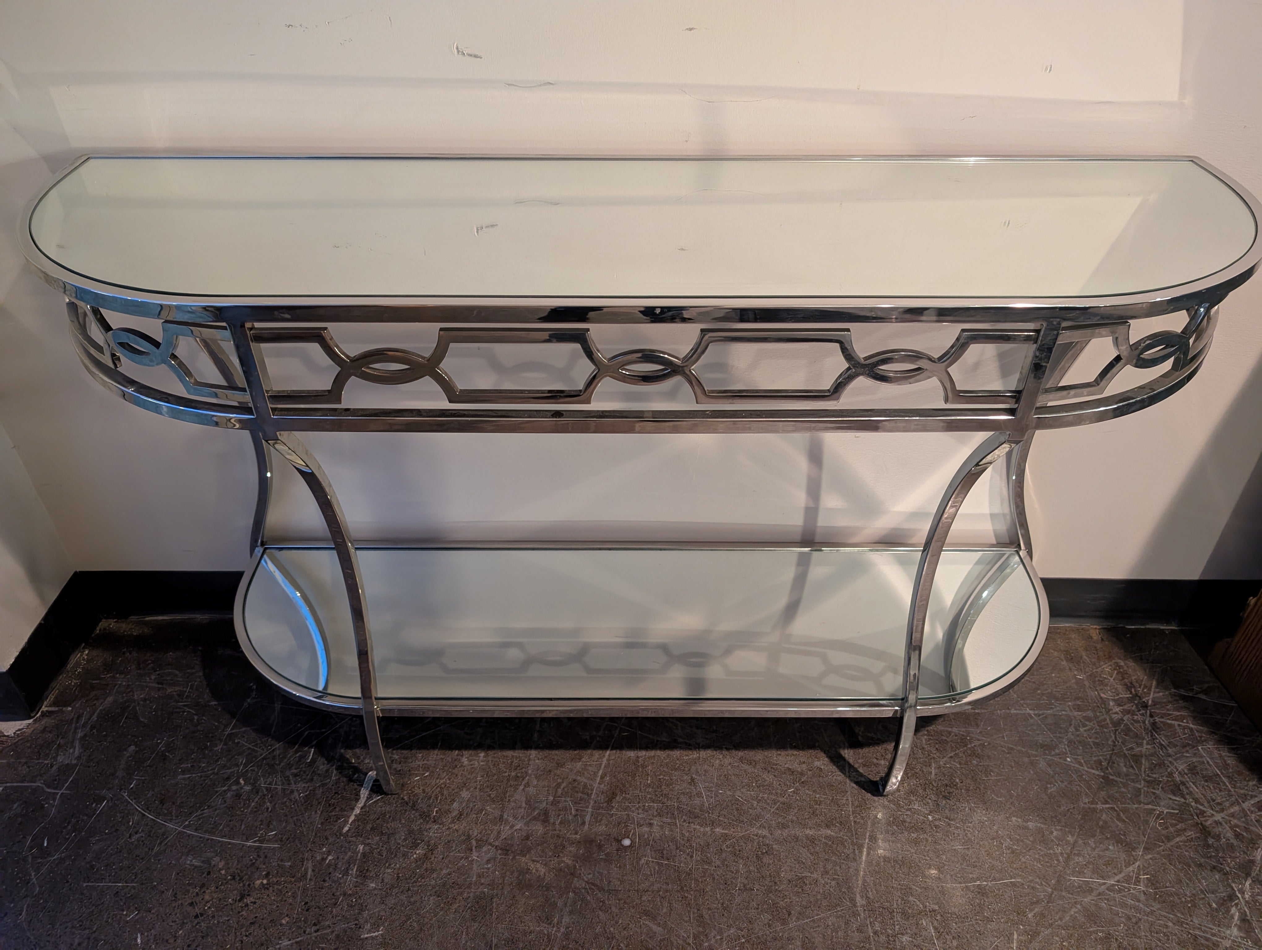 Art Deco Inspired Chrome and Glass Console Table with Mirrored Shelf