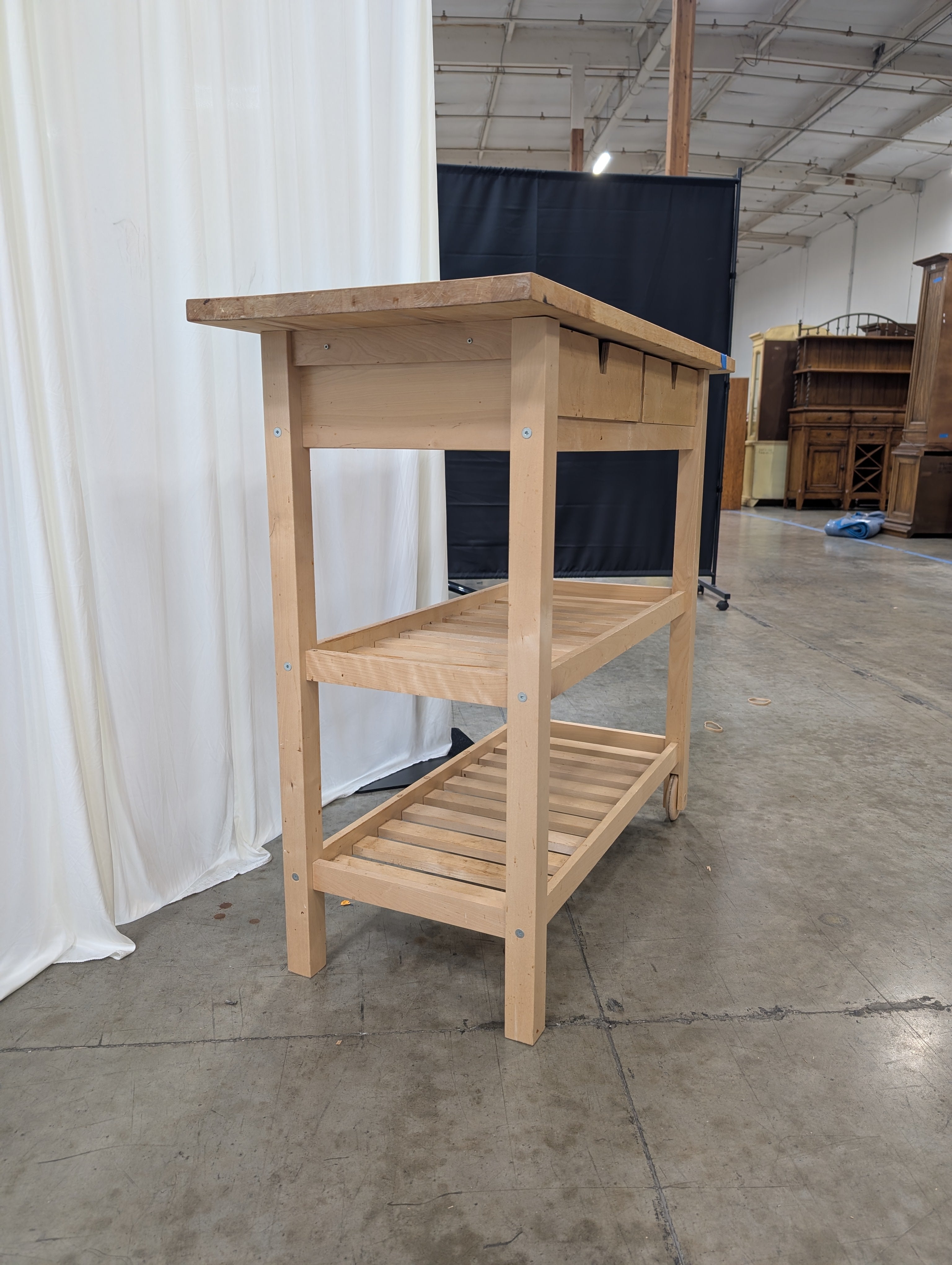 Natural Wood Kitchen Island Cart with Drawers and Slatted Shelves